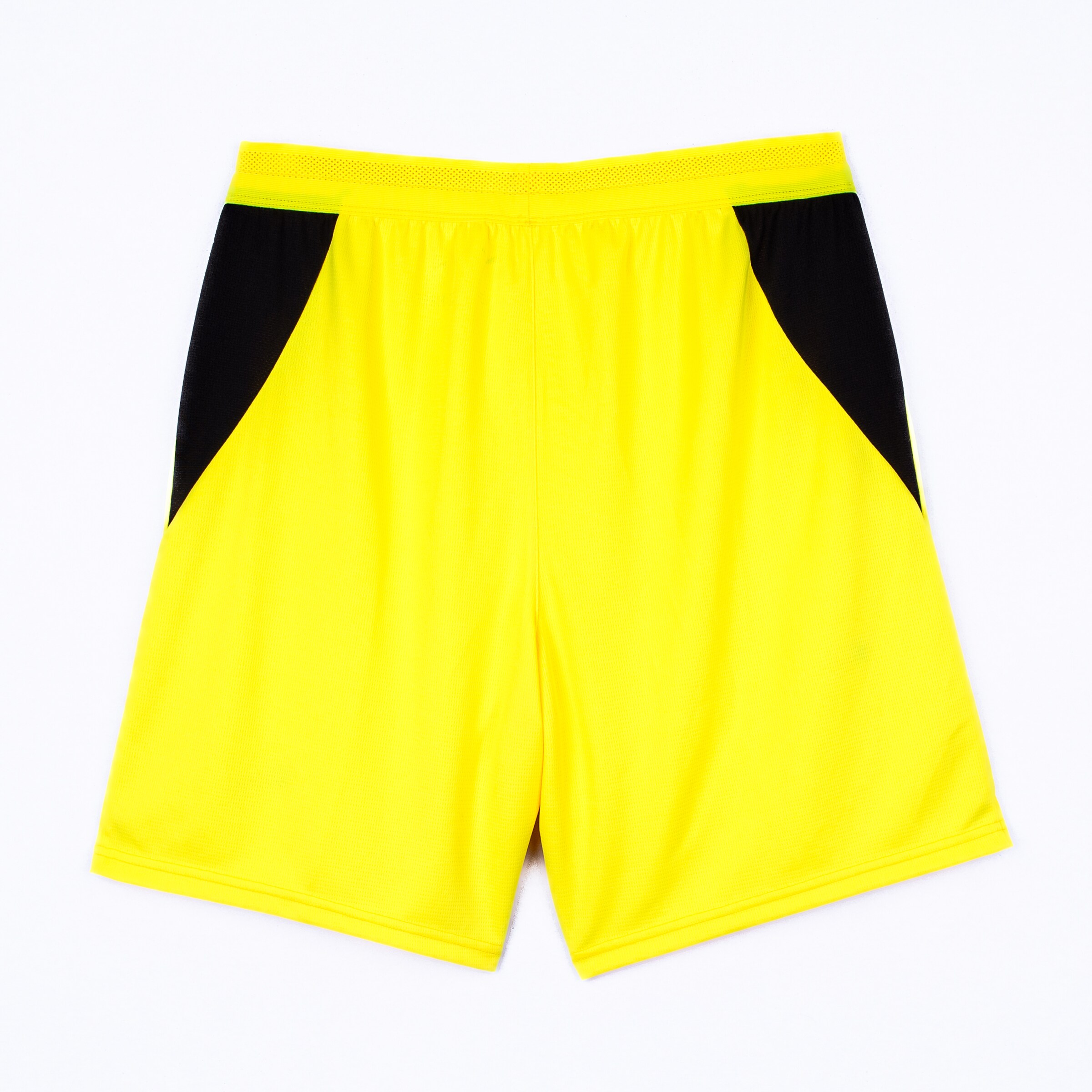 Yellow athletic shorts with black contrast side panels and an elastic waistband.