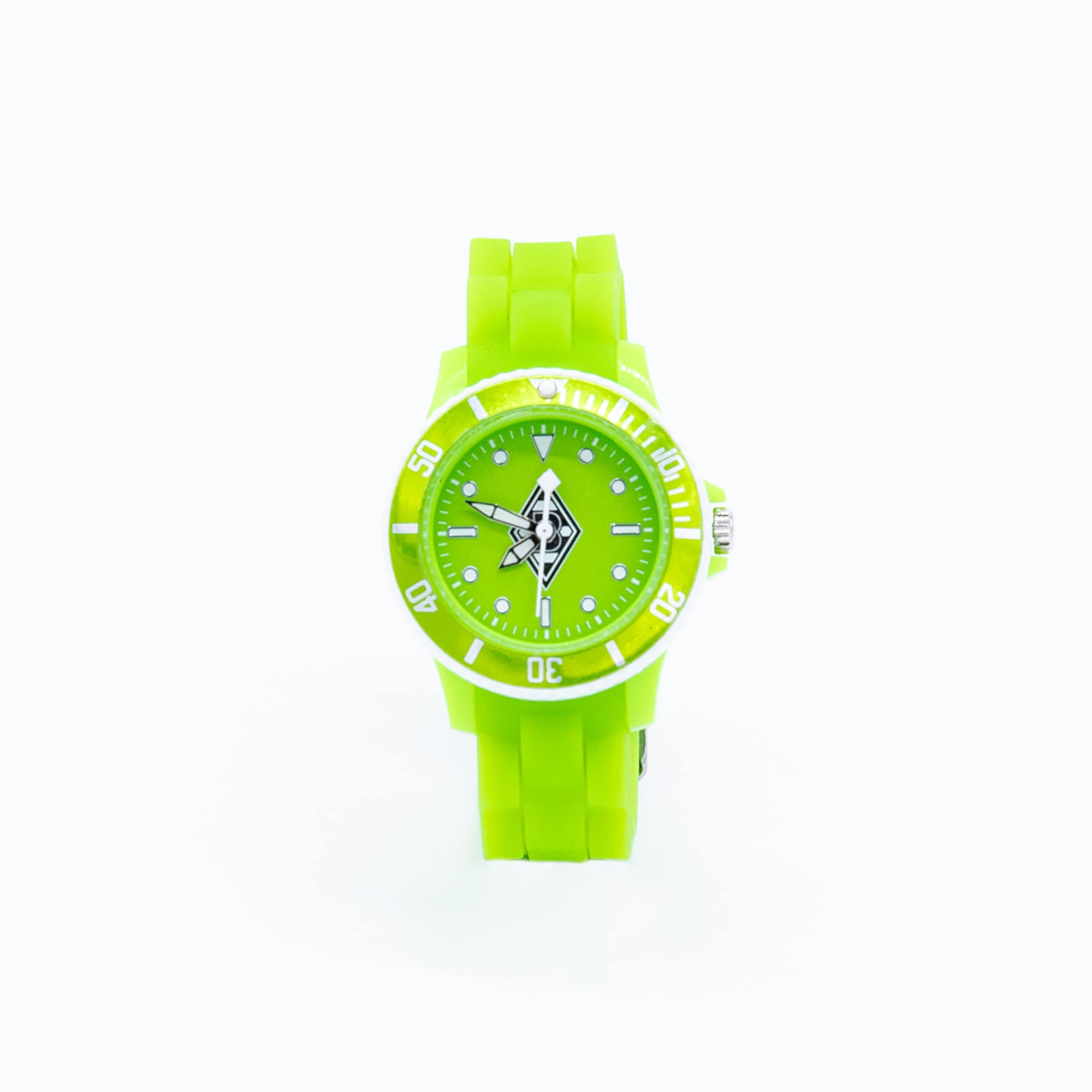 Grüner Sportuhr mit schwarzem Zifferblatt und markanten Ziffern.