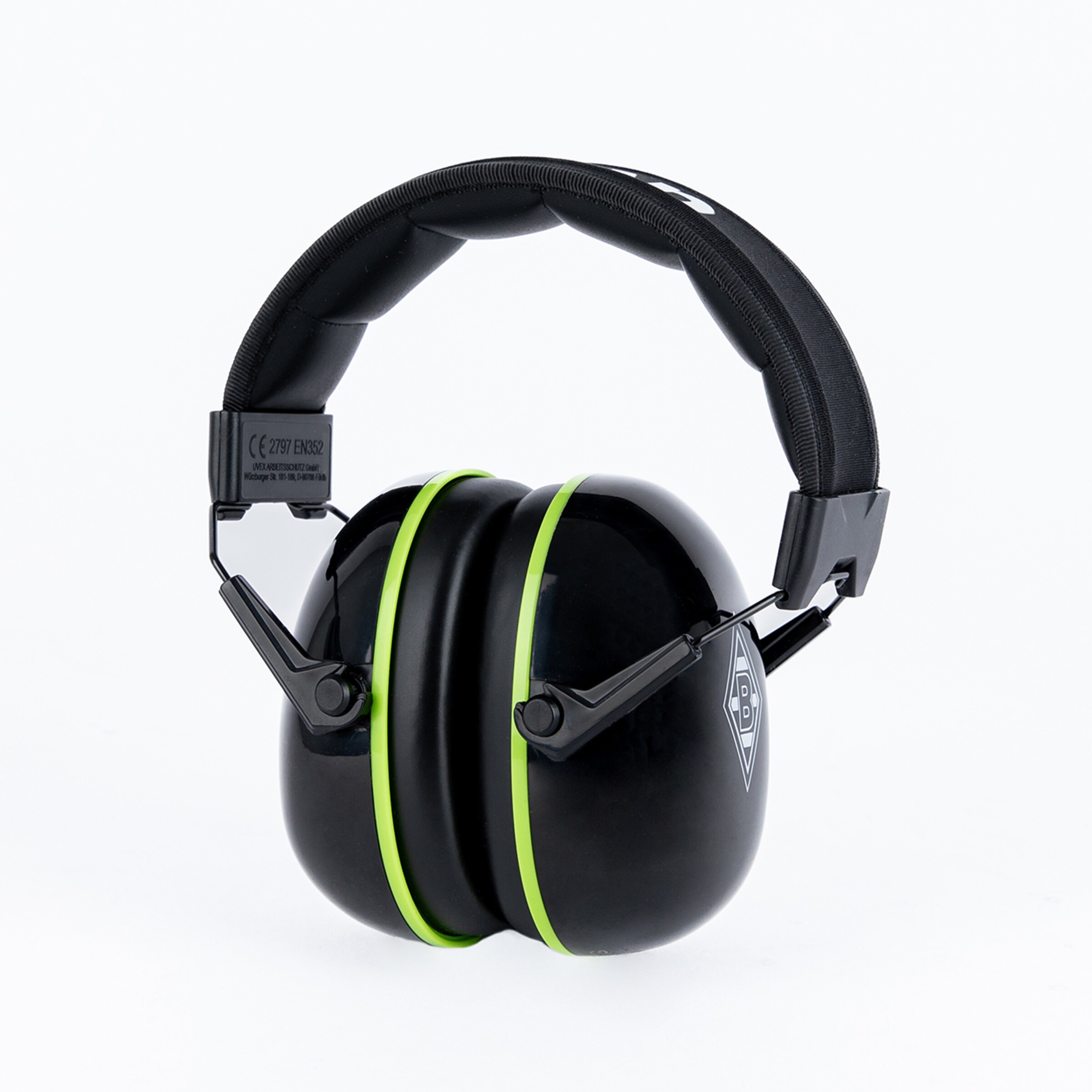 Black ear muffs with neon green accents and Borussia Mönchengladbach logo on a white background.