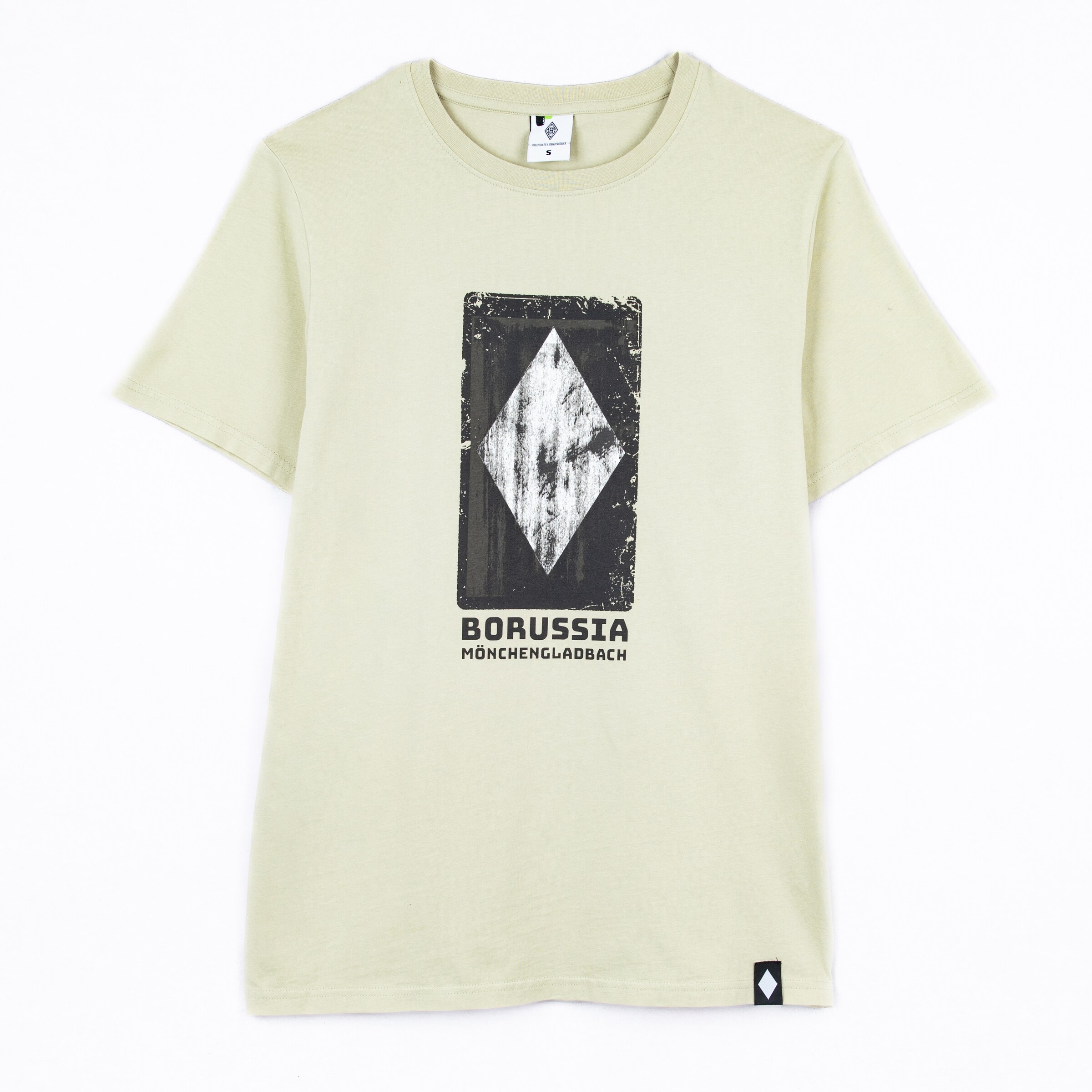 Beige T-Shirt mit Borussia Mönchengladbach Logo und Schriftzug.