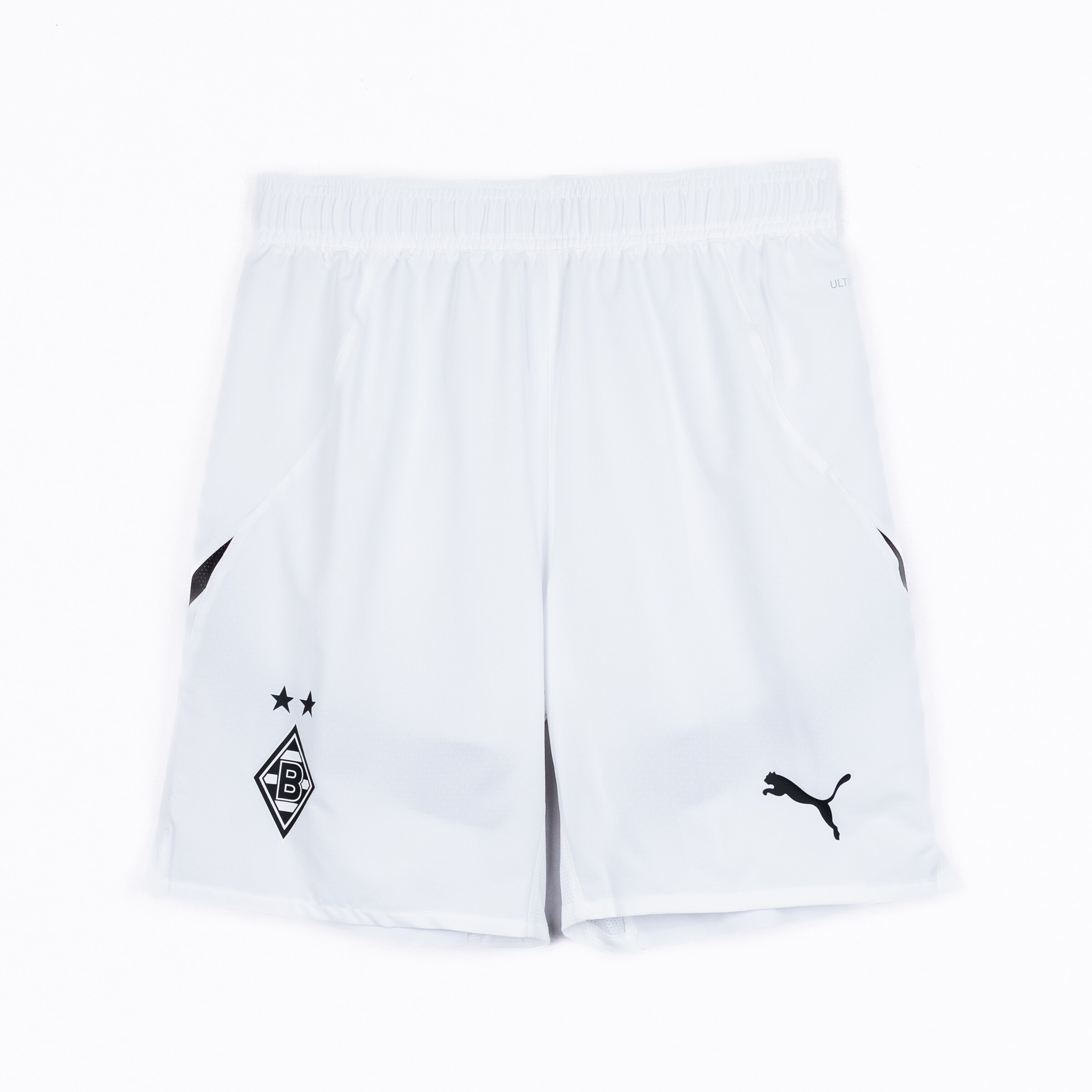 Weiße Sportshorts mit Puma-Logo und Borussia Mönchengladbach-Emblem.