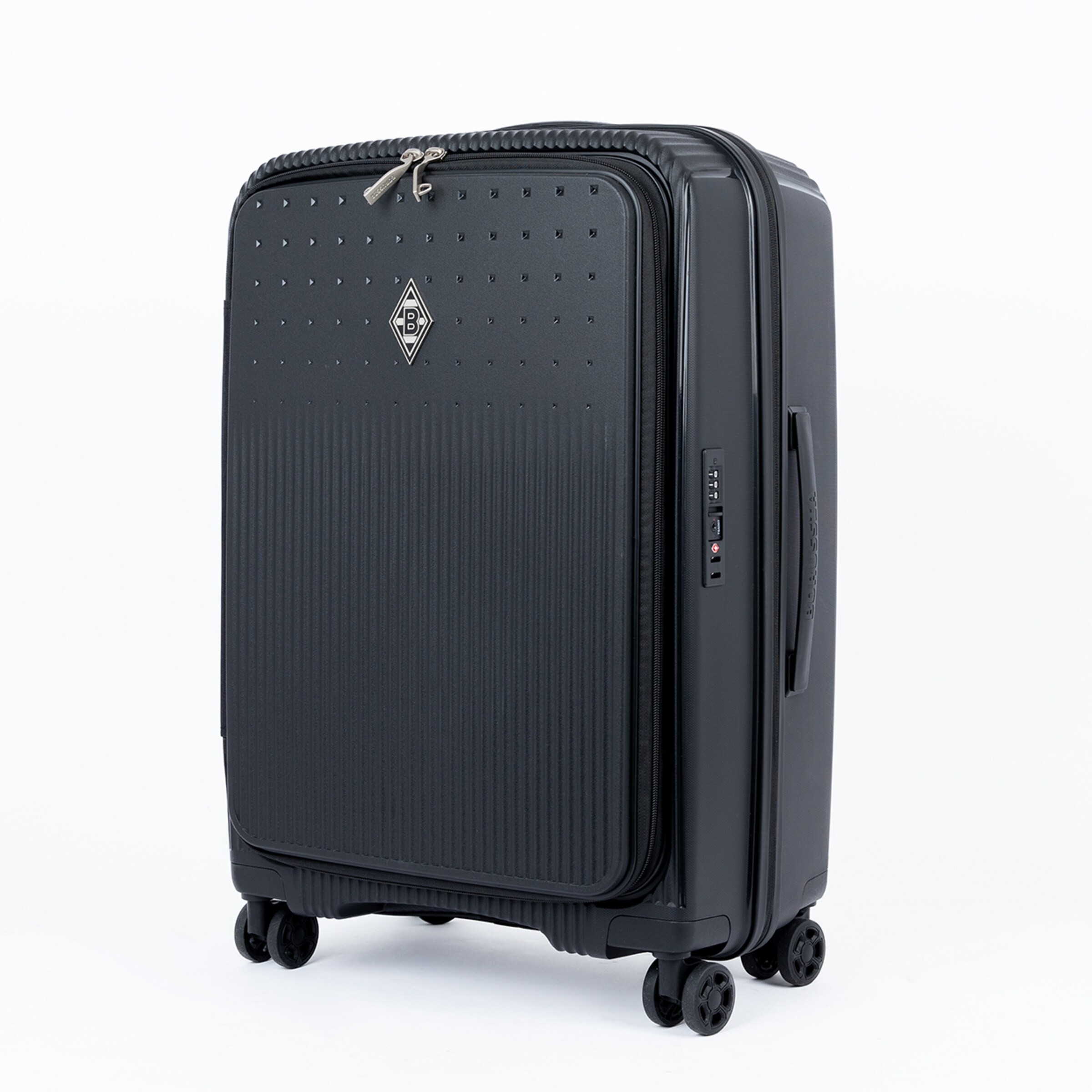 Schwarzer Koffer mit Logo von Borussia Mönchengladbach ausgestattet mit Rollen und Tragegriff.