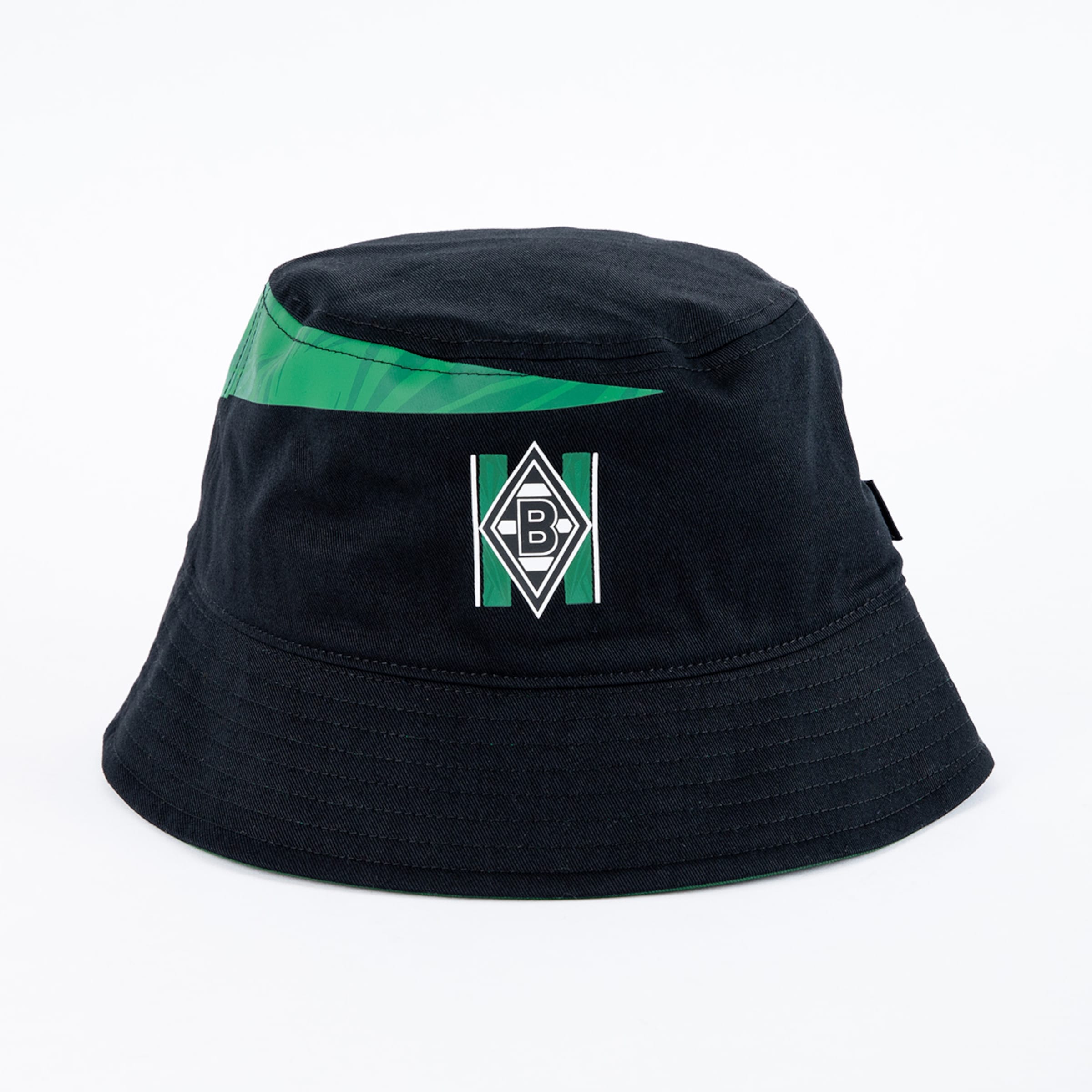 Schwarz-grüne Bucket Hat mit Borussia Mönchengladbach-Logo.