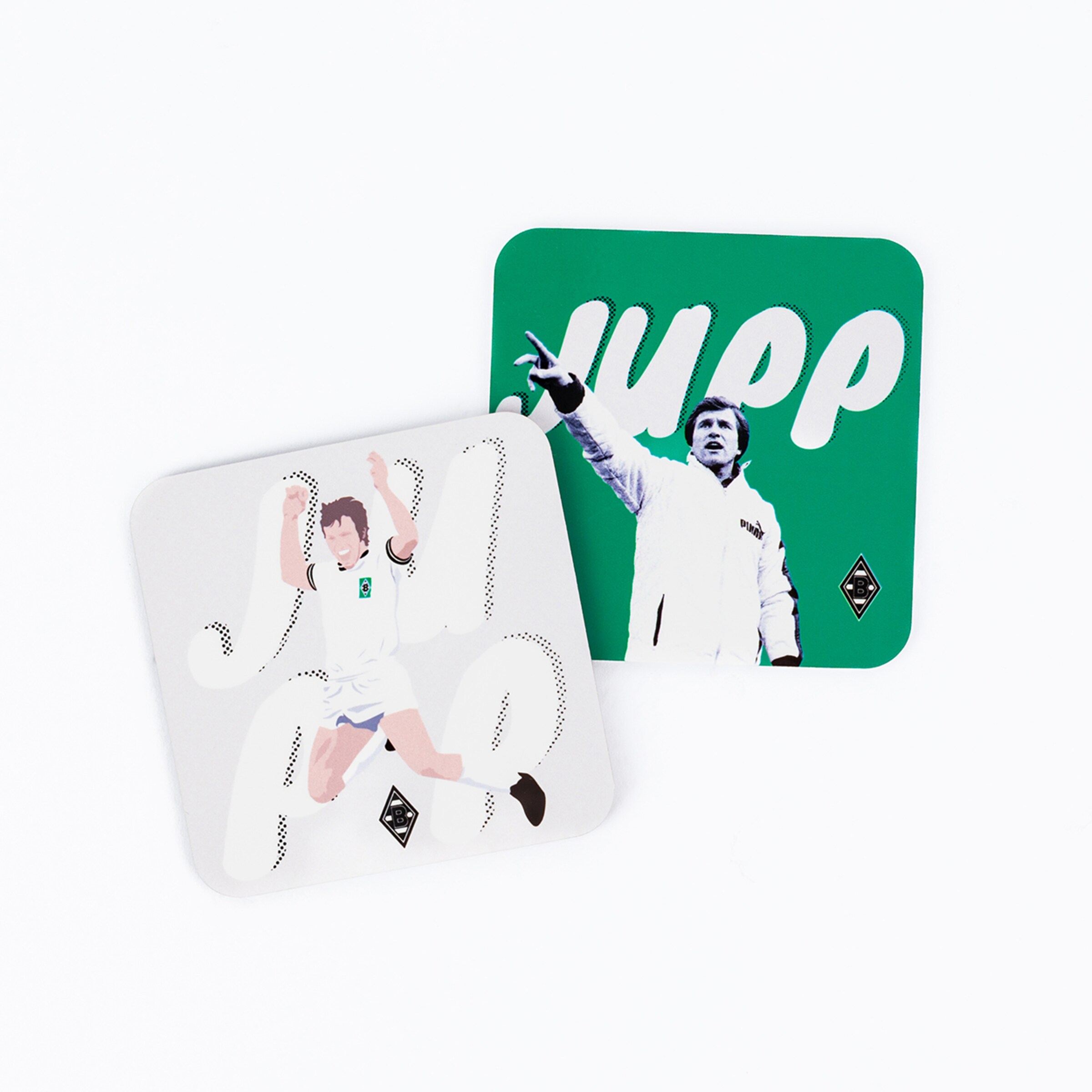 Two square coasters featuring the text Jupp and an illustration of a player celebrating.