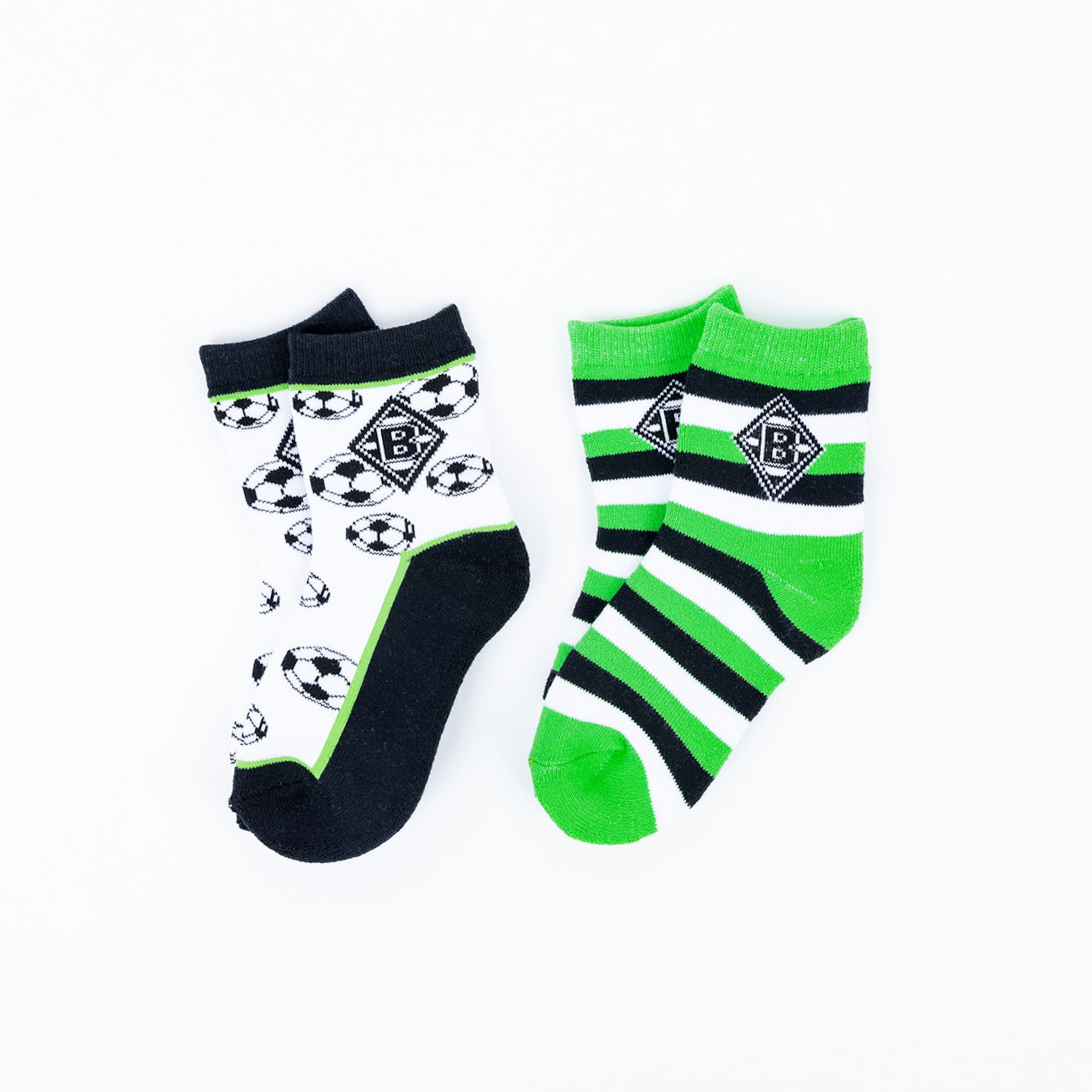 Short socks featuring a black and white soccer ball pattern and green and black striped socks with logo.