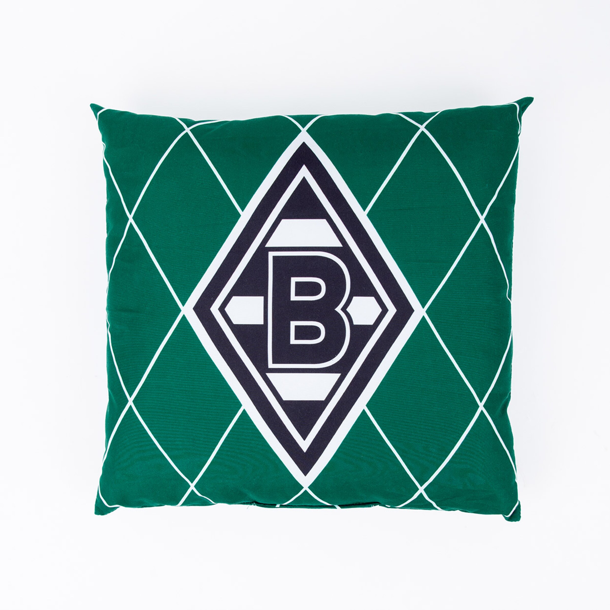 Grünes Kissen mit schwarzem Borussia Mönchengladbach Logo und Rautenmuster.