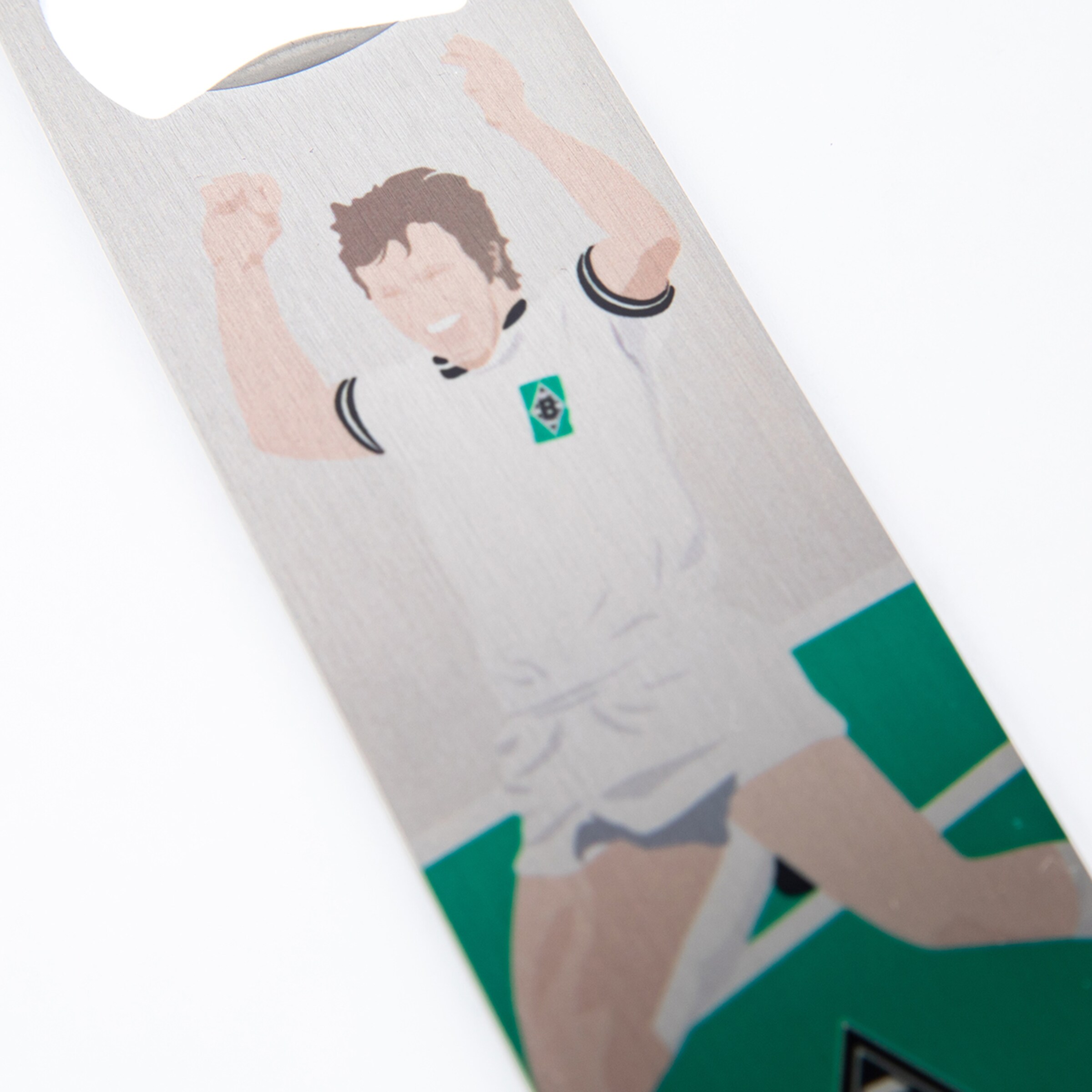 Wooden football bottle opener featuring a graphic of a celebrating player in Borussia Mönchengladbach jerseys.