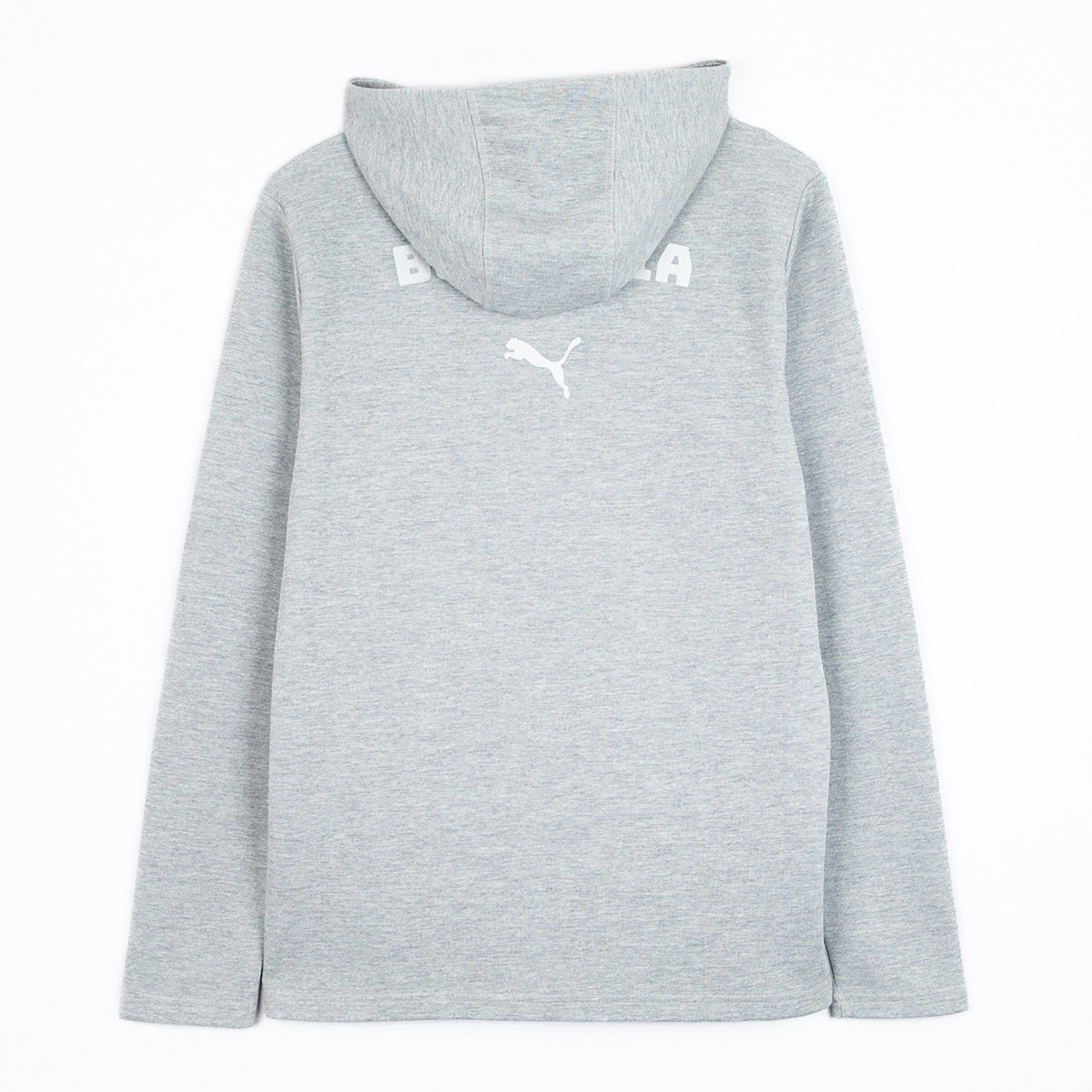 Grauer Kapuzenpullover von Puma mit dem Schriftzug BORUSSIA auf dem Rücken.