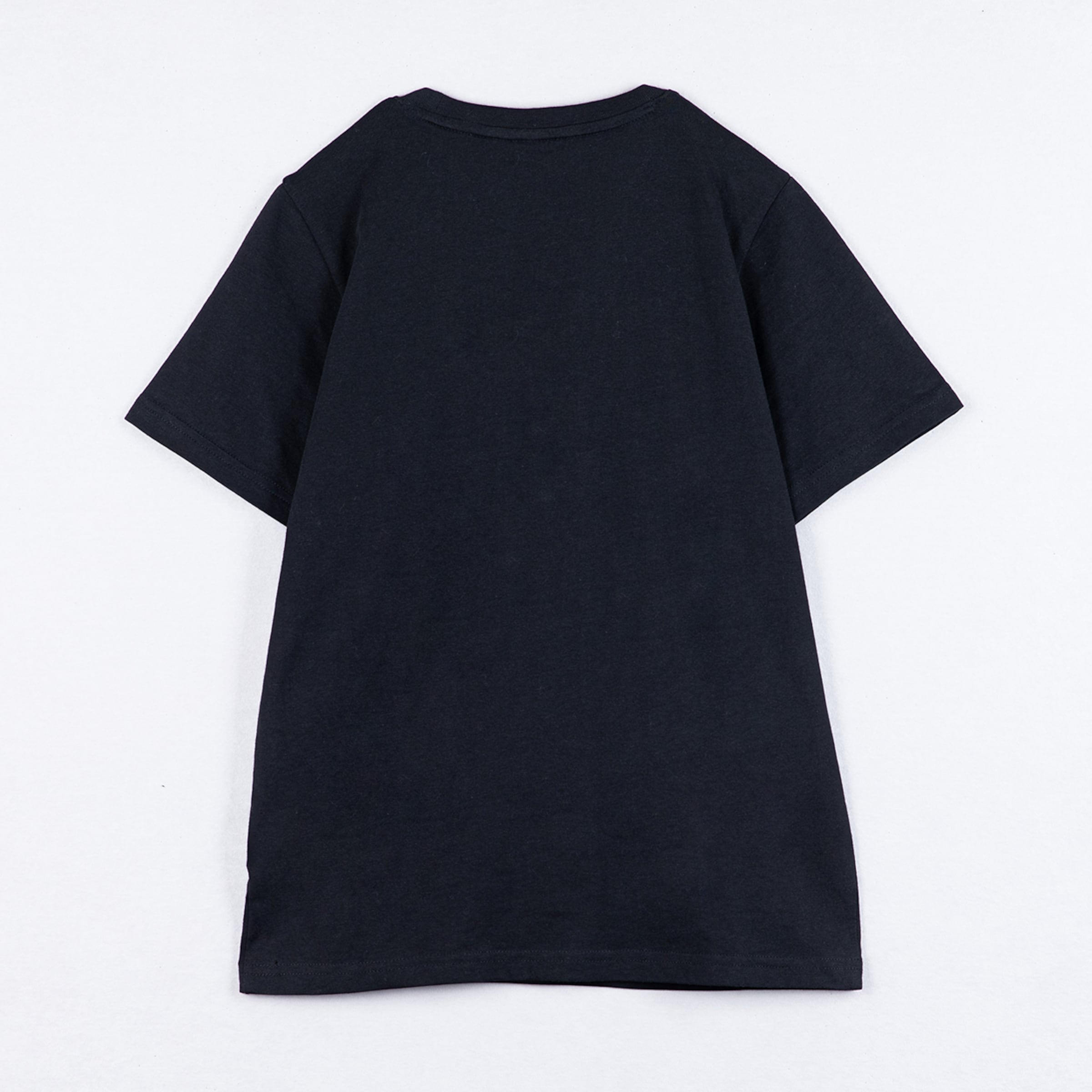 Schwarzes T-Shirt ohne Aufdruck von hinten fotografiert.