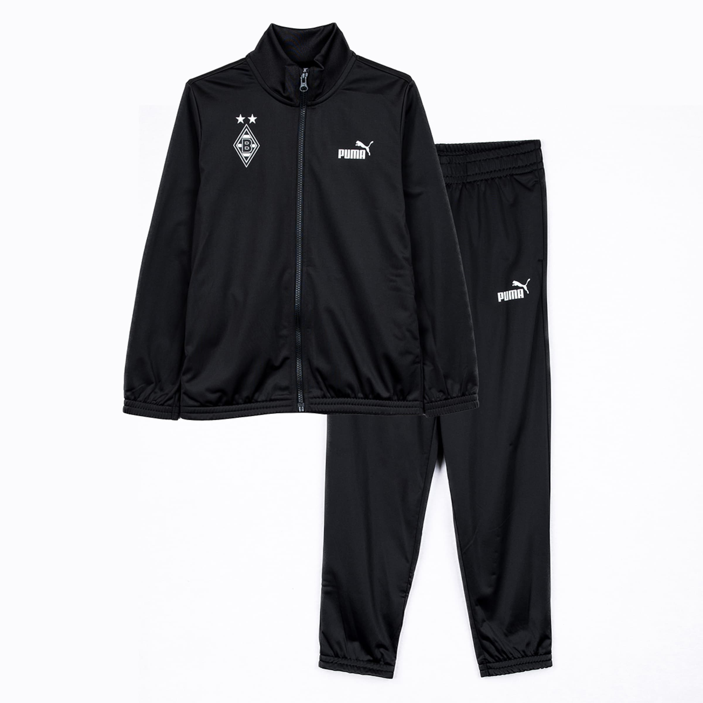 Black Puma Borussia Mönchengladbach tracksuit featuring a zip-up jacket with the club crest and matching pants.