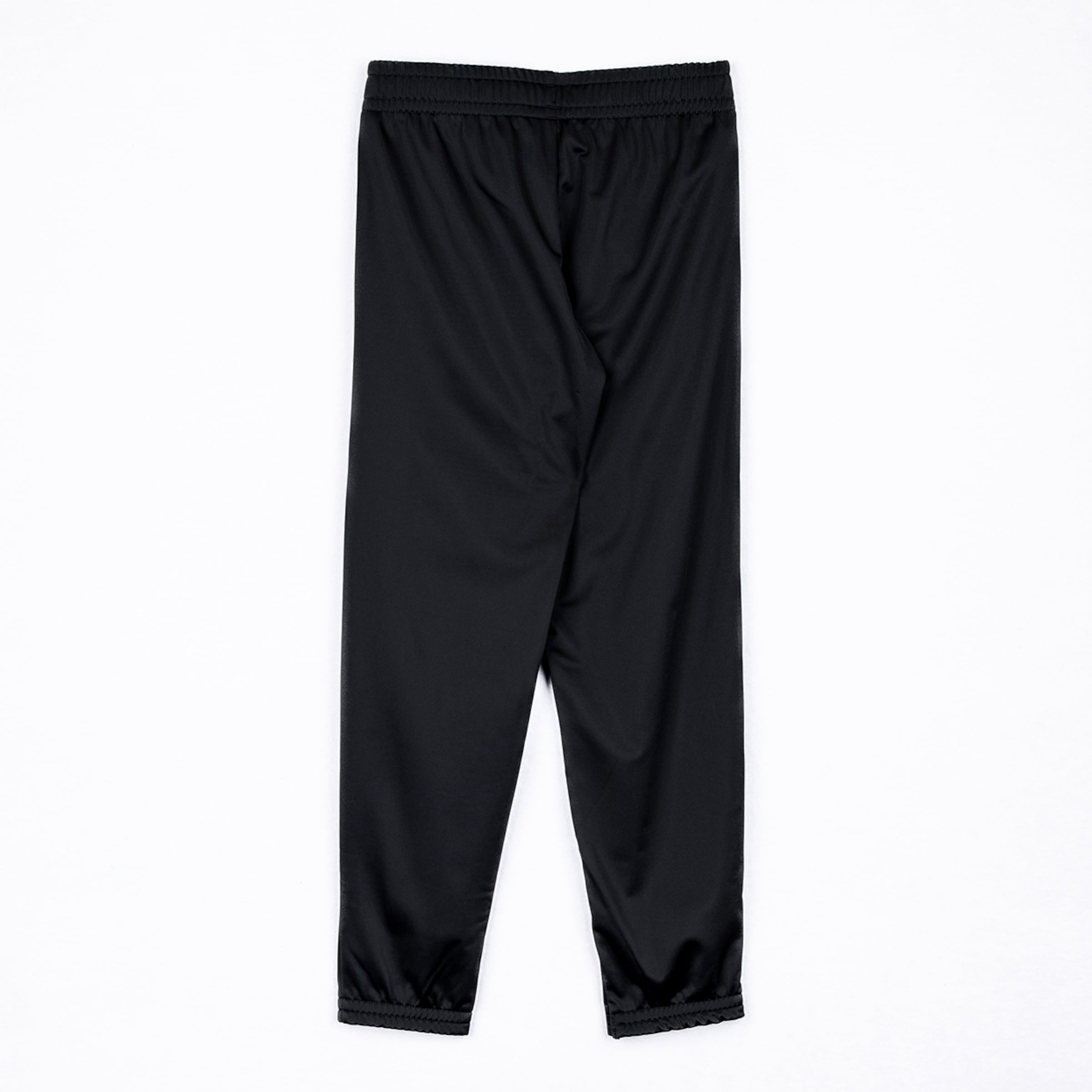Back view of black jogger pants with an elastic waistband and ankle cuffs on a white background.