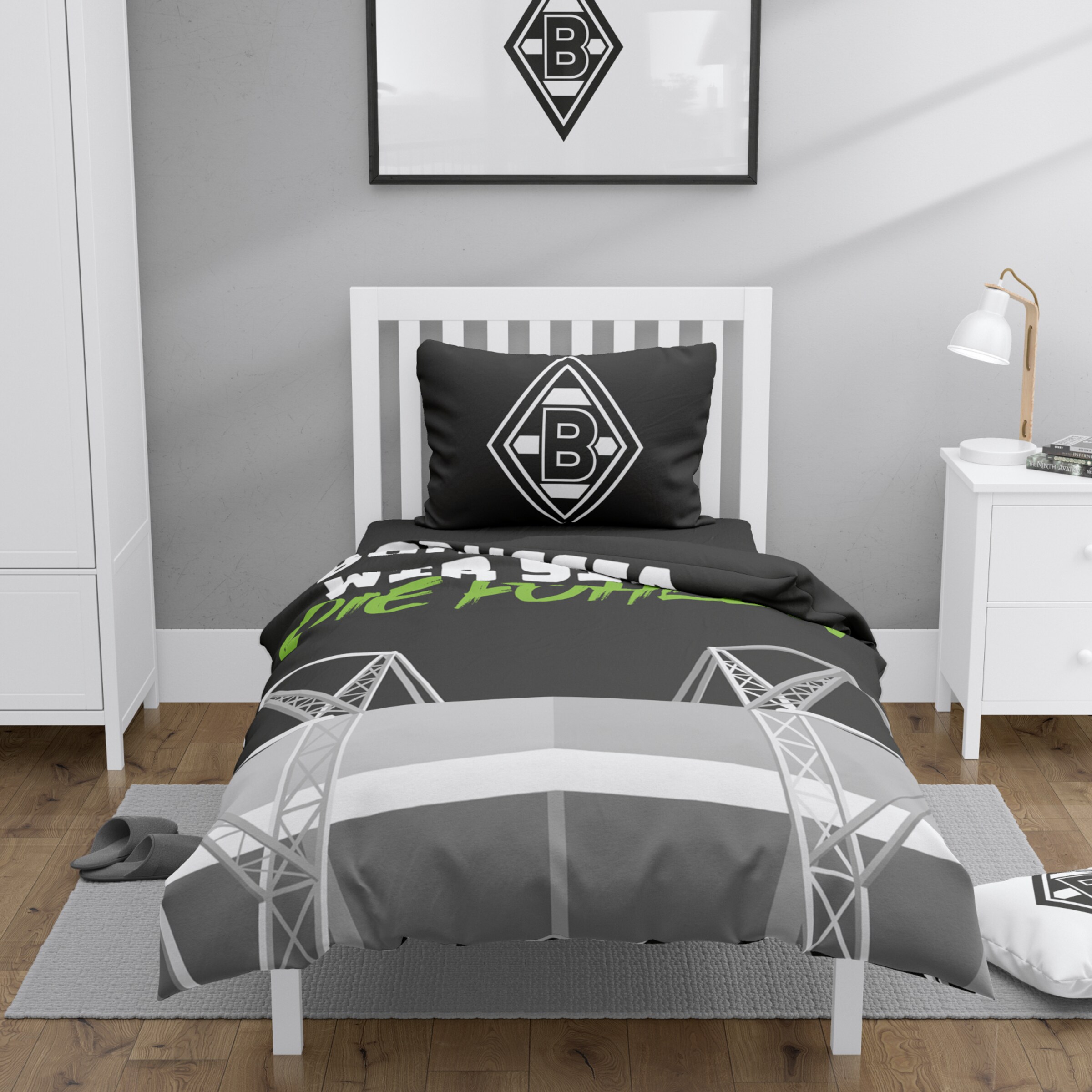 Bettwäsche mit Borussia Mönchengladbach-Logo und Stadionmotiv.