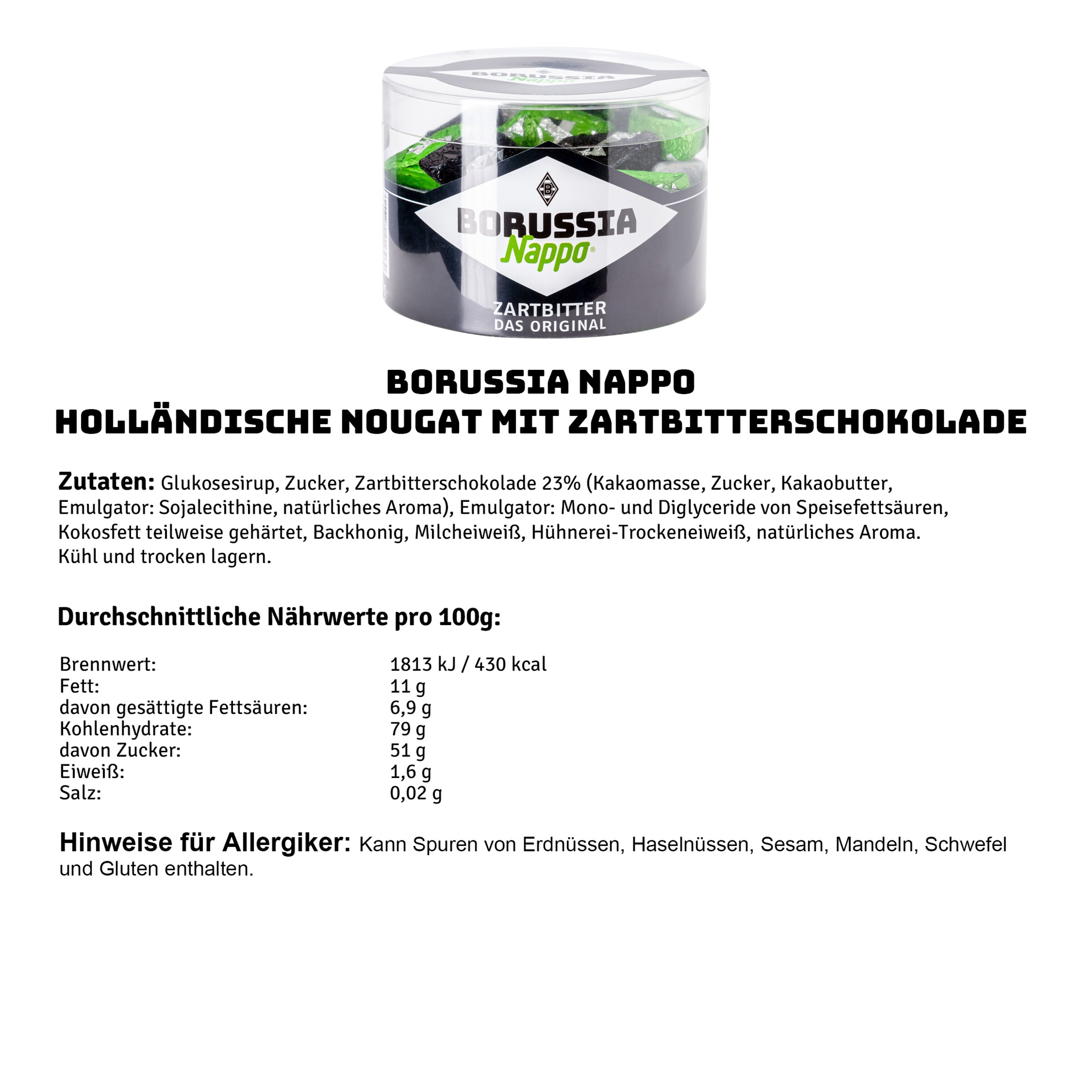 Zutatenliste und Nährwerte für Borussia Nappo Zartbitter-Schokolade