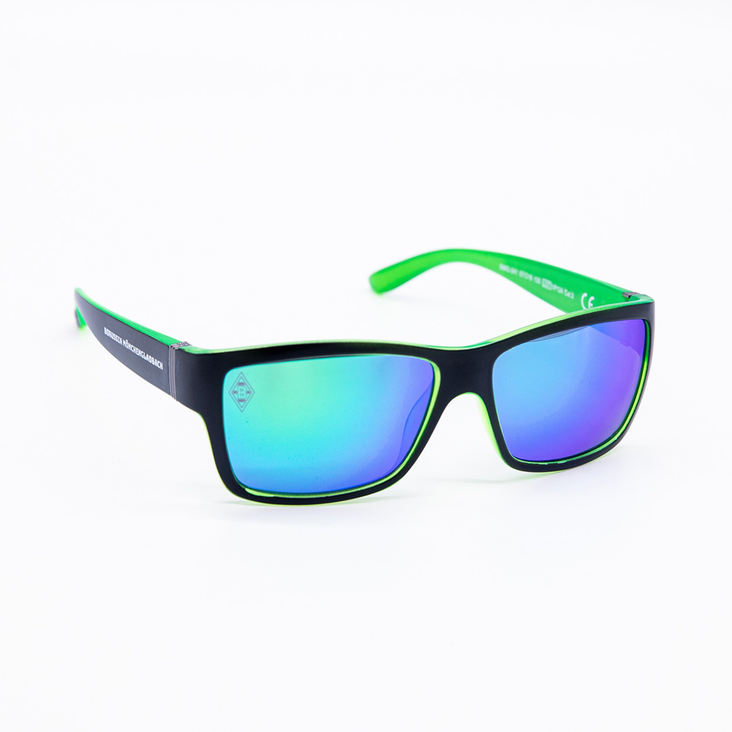 Black sunglasses with green accents and mirrored lenses.
