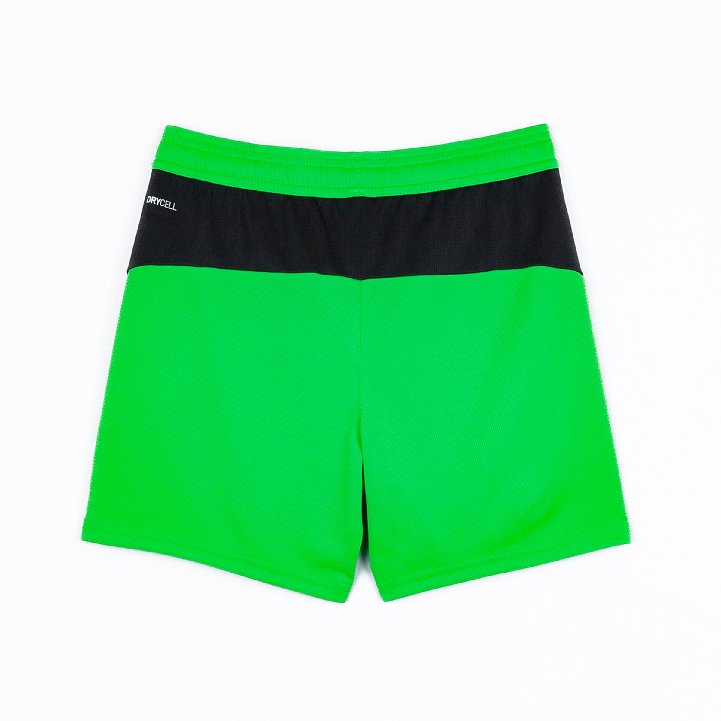 Green shorts with black panel at the top viewed from the back.