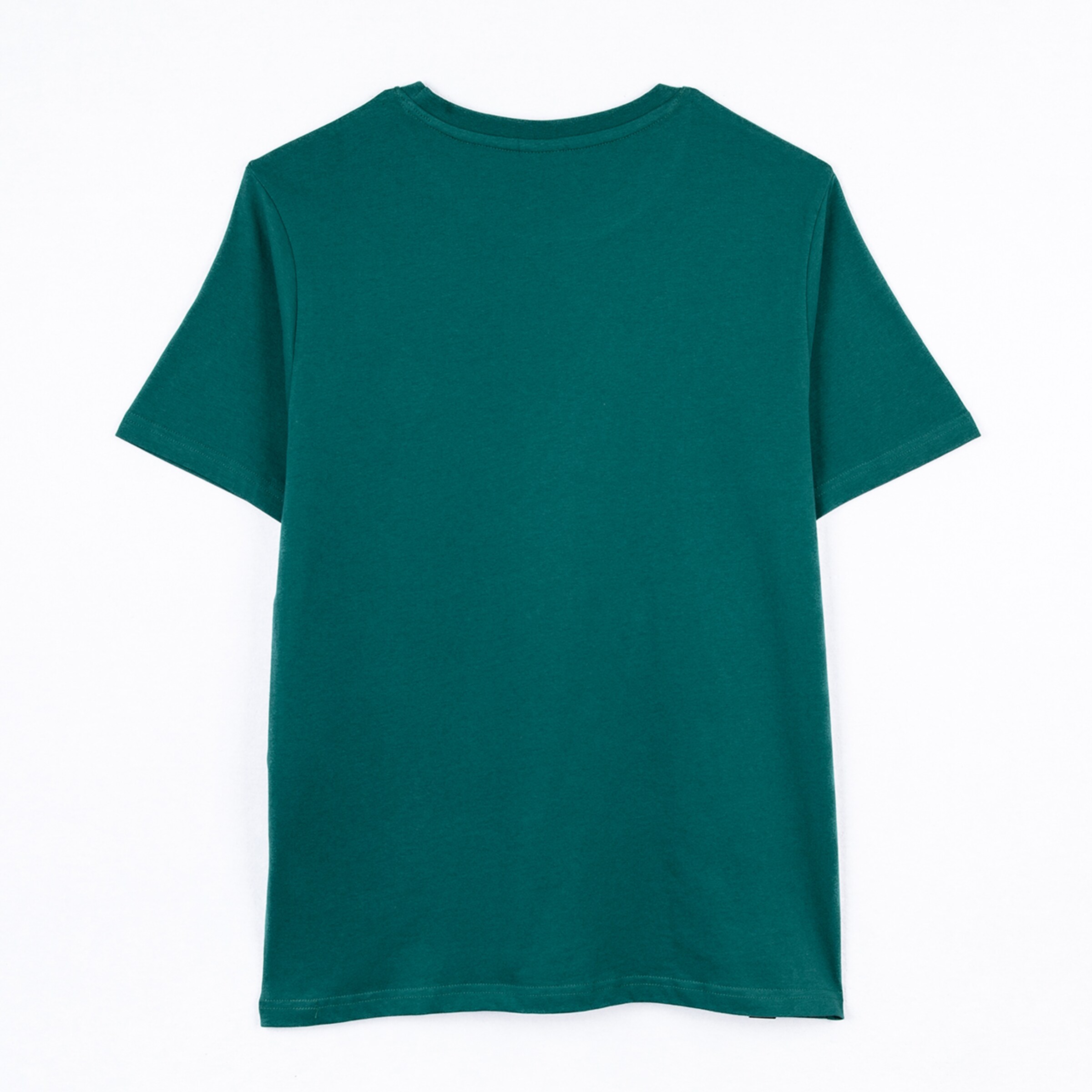 Rückansicht eines grünen T-Shirts ohne Aufdruck.