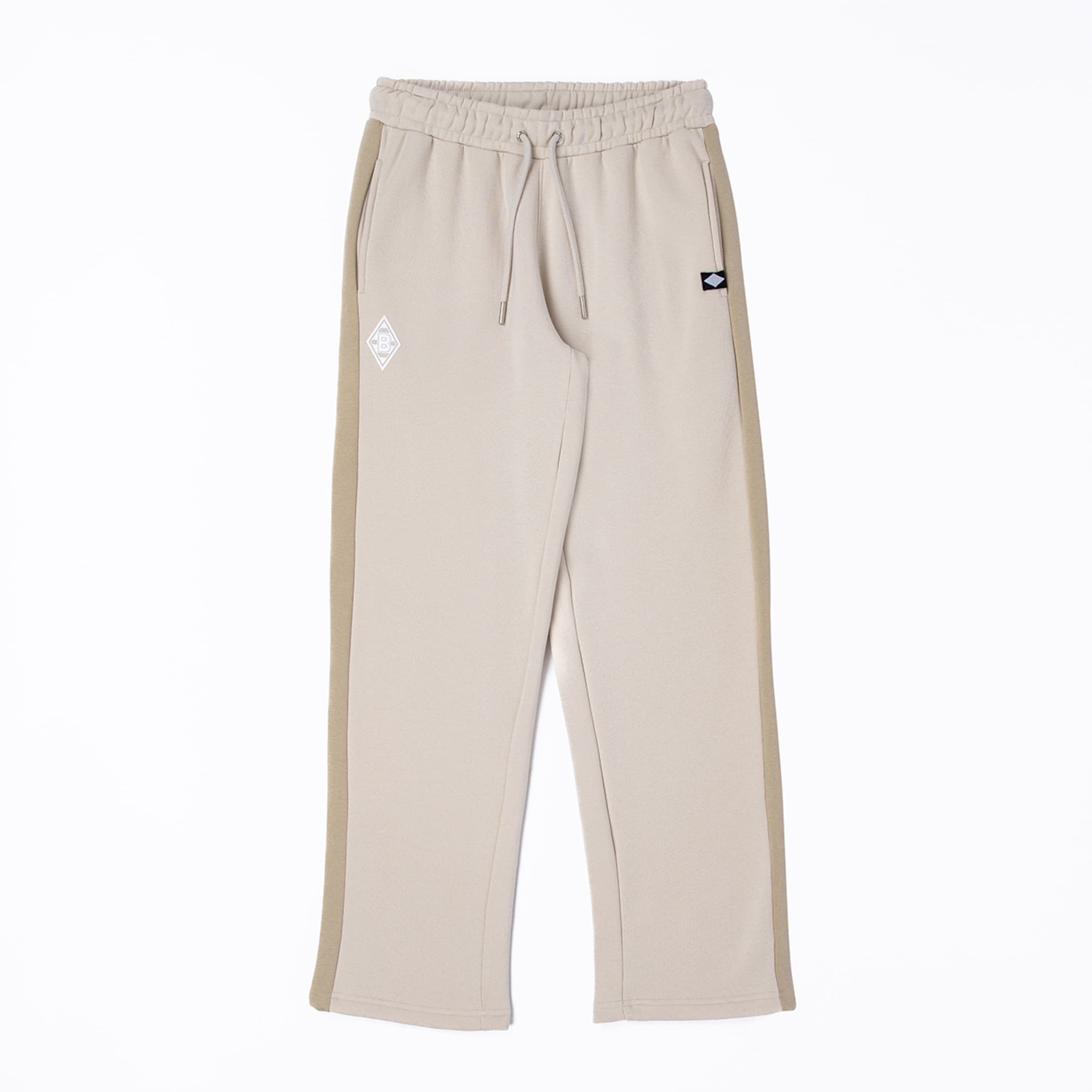Light beige sweatpants with darker beige side stripes, an elastic drawstring waist with metal tips, and two diamond-shaped logos on the front, on a white background.