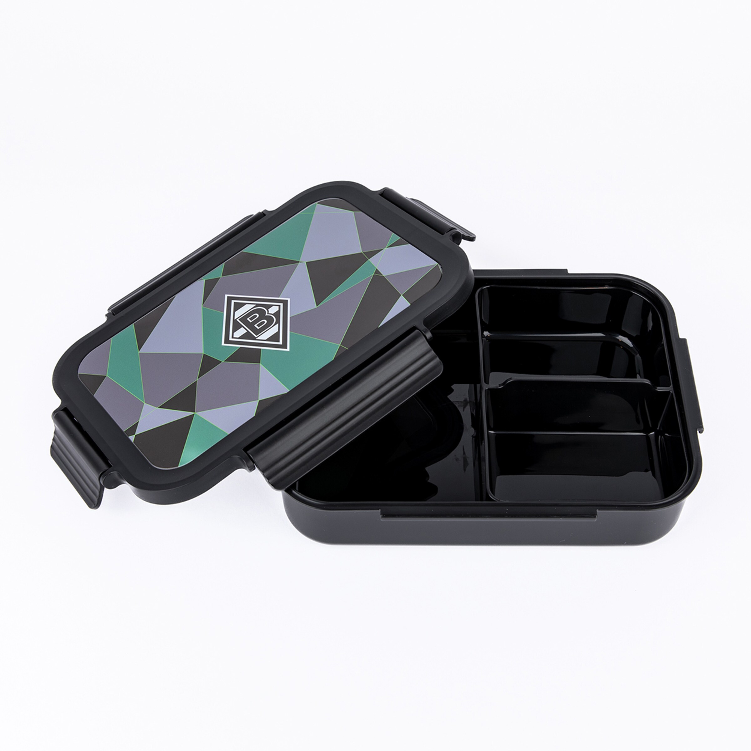 Black bento box with an open lid on a white background. The lid features a geometric pattern in green, grey, and black, along with a white 'B.B.' logo. The base has black compartments.