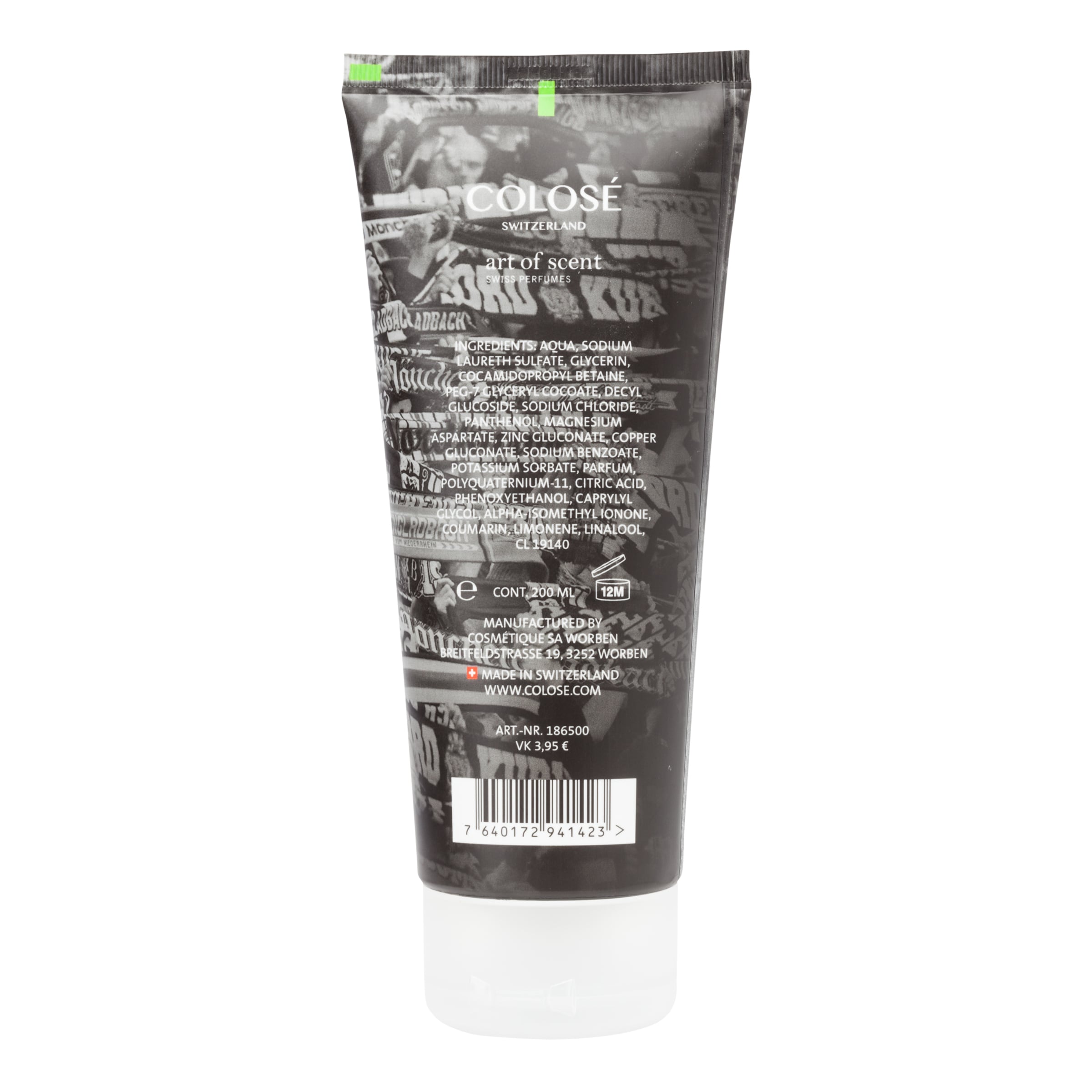 Rückseite einer schwarzen COLOSÉ-Tube (200 ml) mit Inhaltsstoffen und Barcode vor schwarz-weißem Fan-Motiv-Hintergrund.