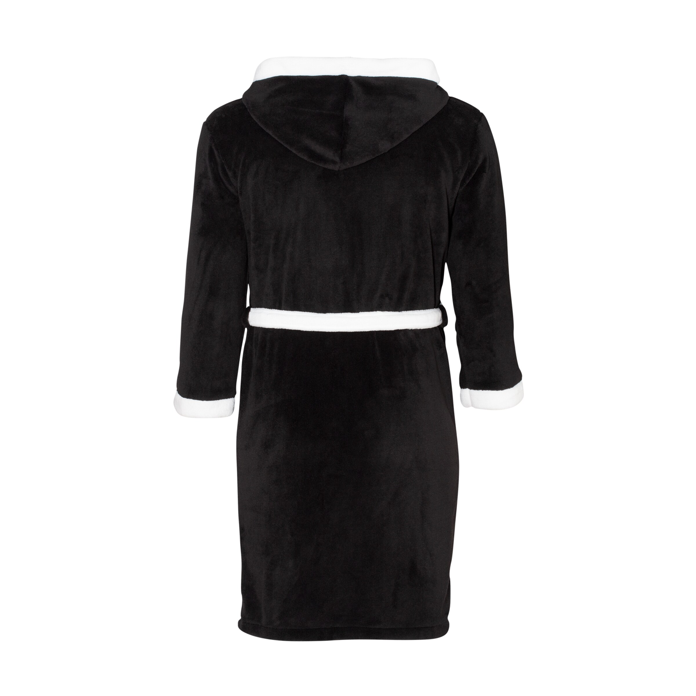 Schwarzer Bademantel mit Kapuze und weißen Details.