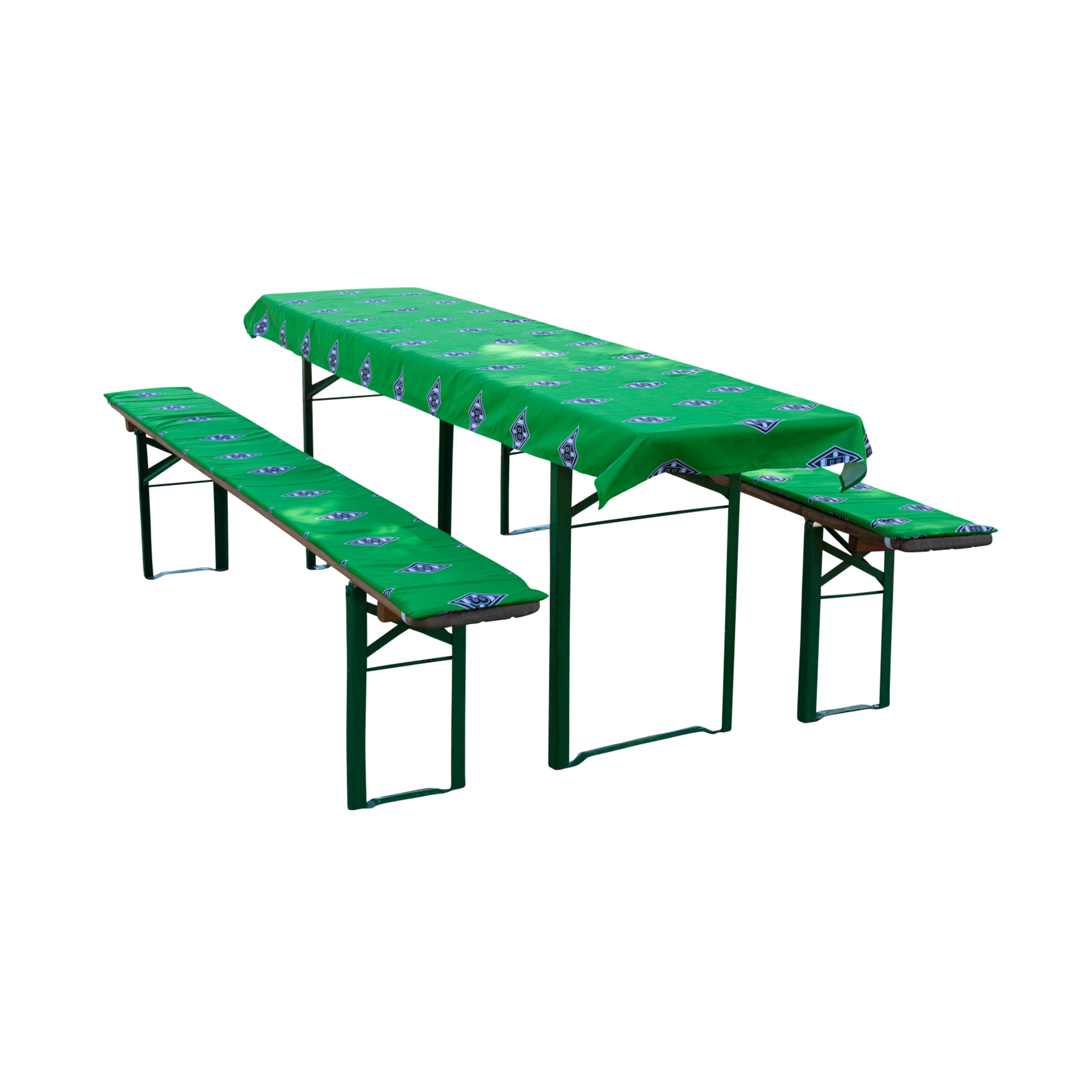 Green table with benches featuring Borussia Mönchengladbach logos.