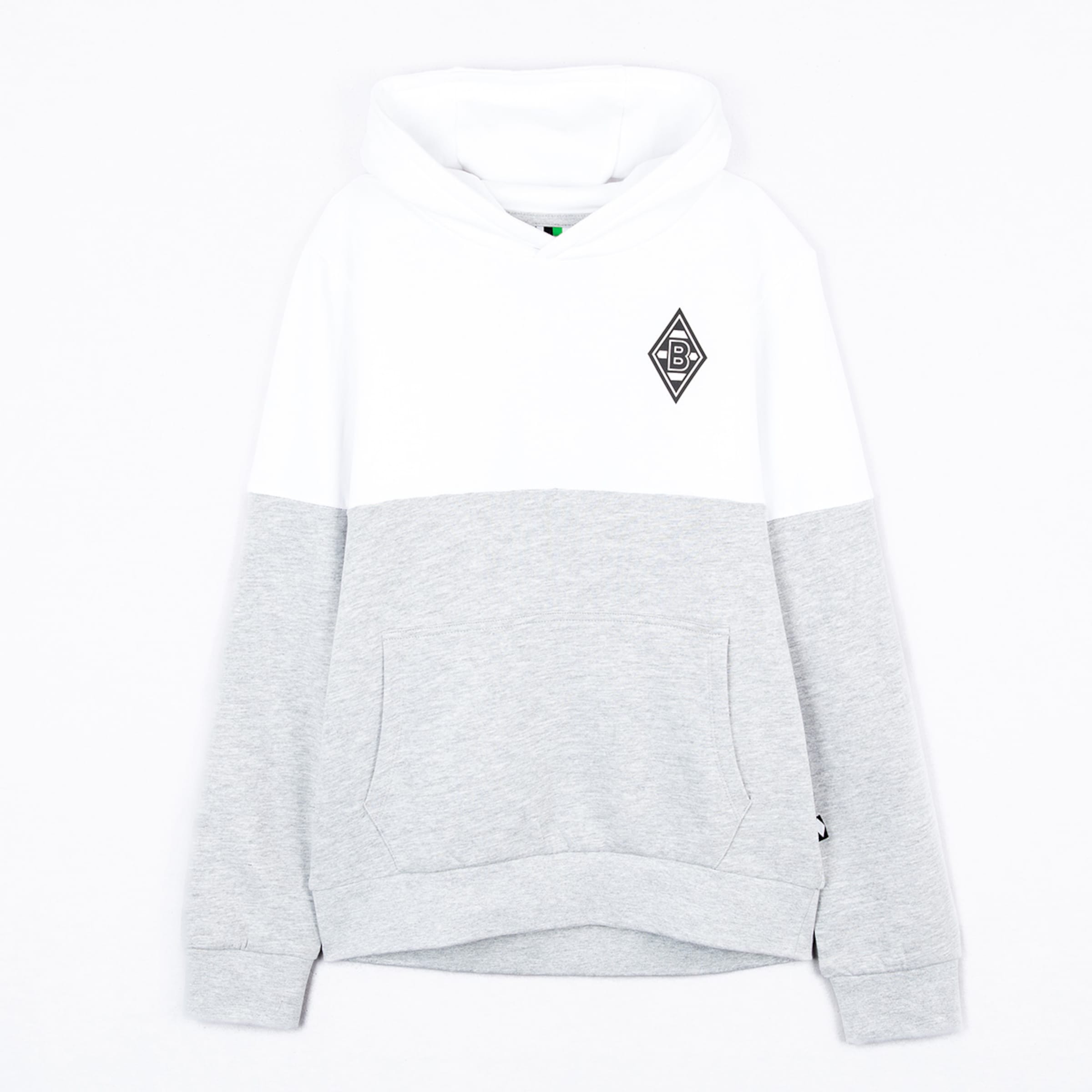 Weiß-grau melierter Kapuzenpullover mit Borussia Mönchengladbach Raute auf der Brust und Kängurutasche.