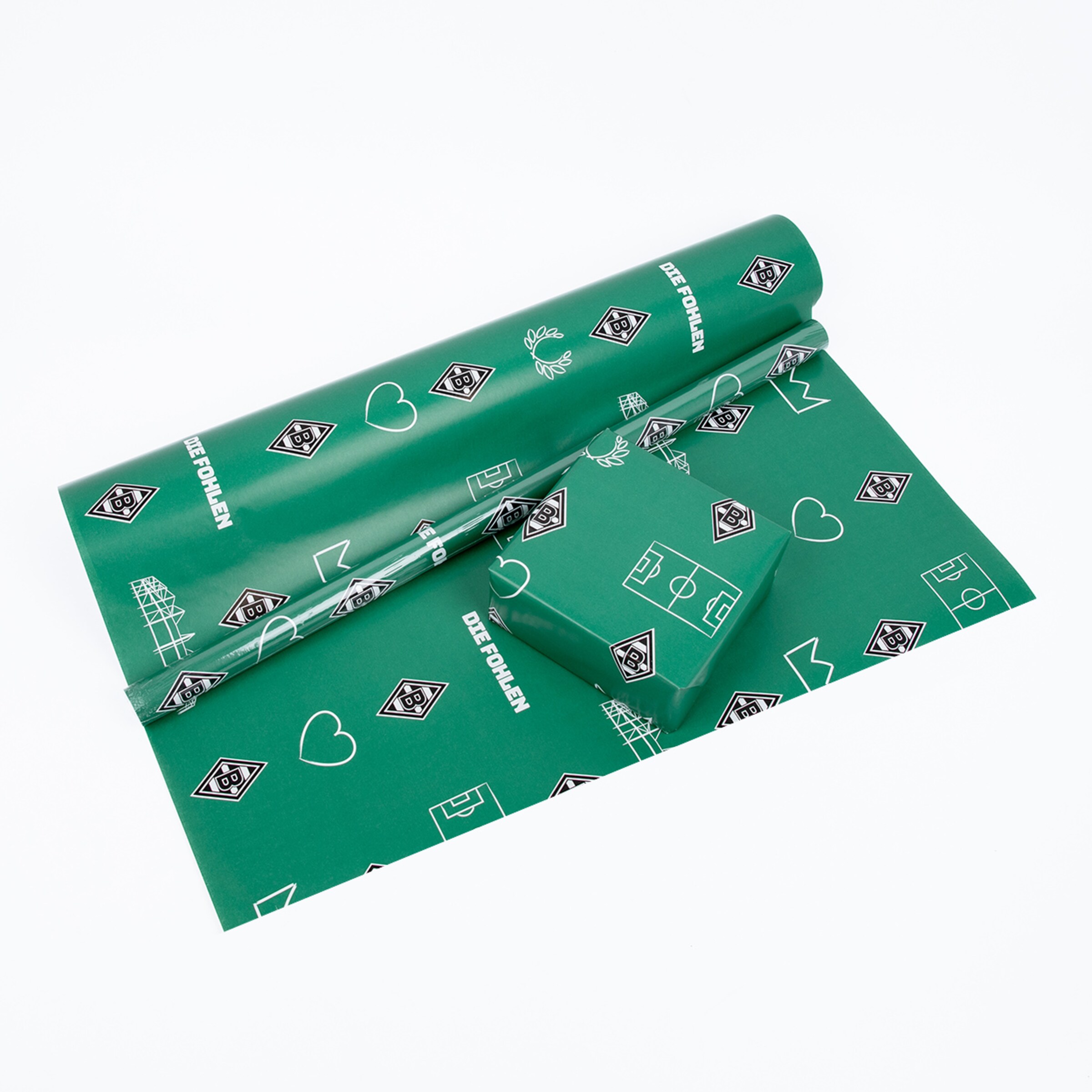 Geschenkpapier in grün mit Borussia Mönchengladbach-Motiven.
