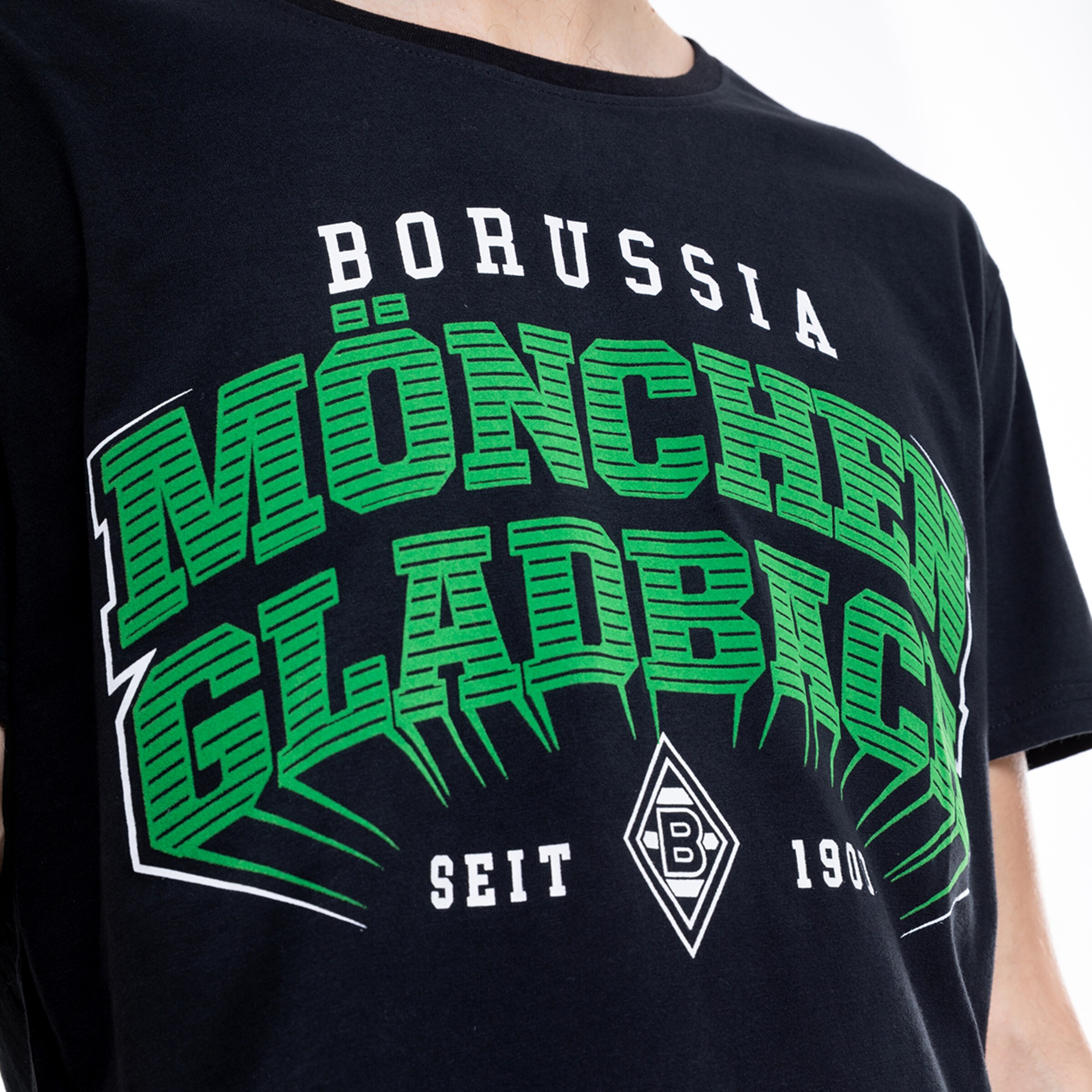 Black T-shirt featuring a green print that reads Borussia Mönchengladbach since 1900.