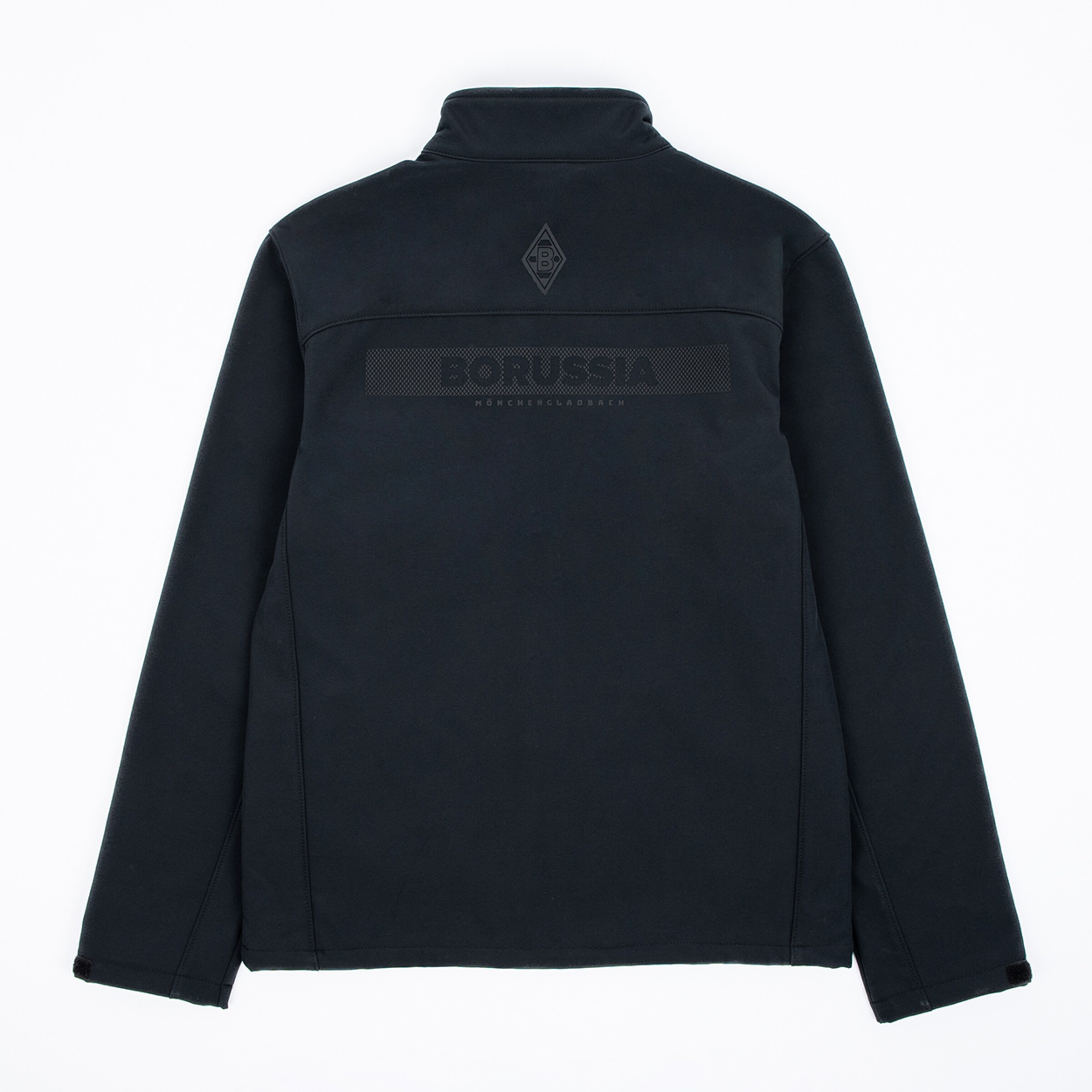 Rückansicht einer schwarzen Softshelljacke mit dem Borussia Mönchengladbach Logo und Schriftzug auf dem Rücken.