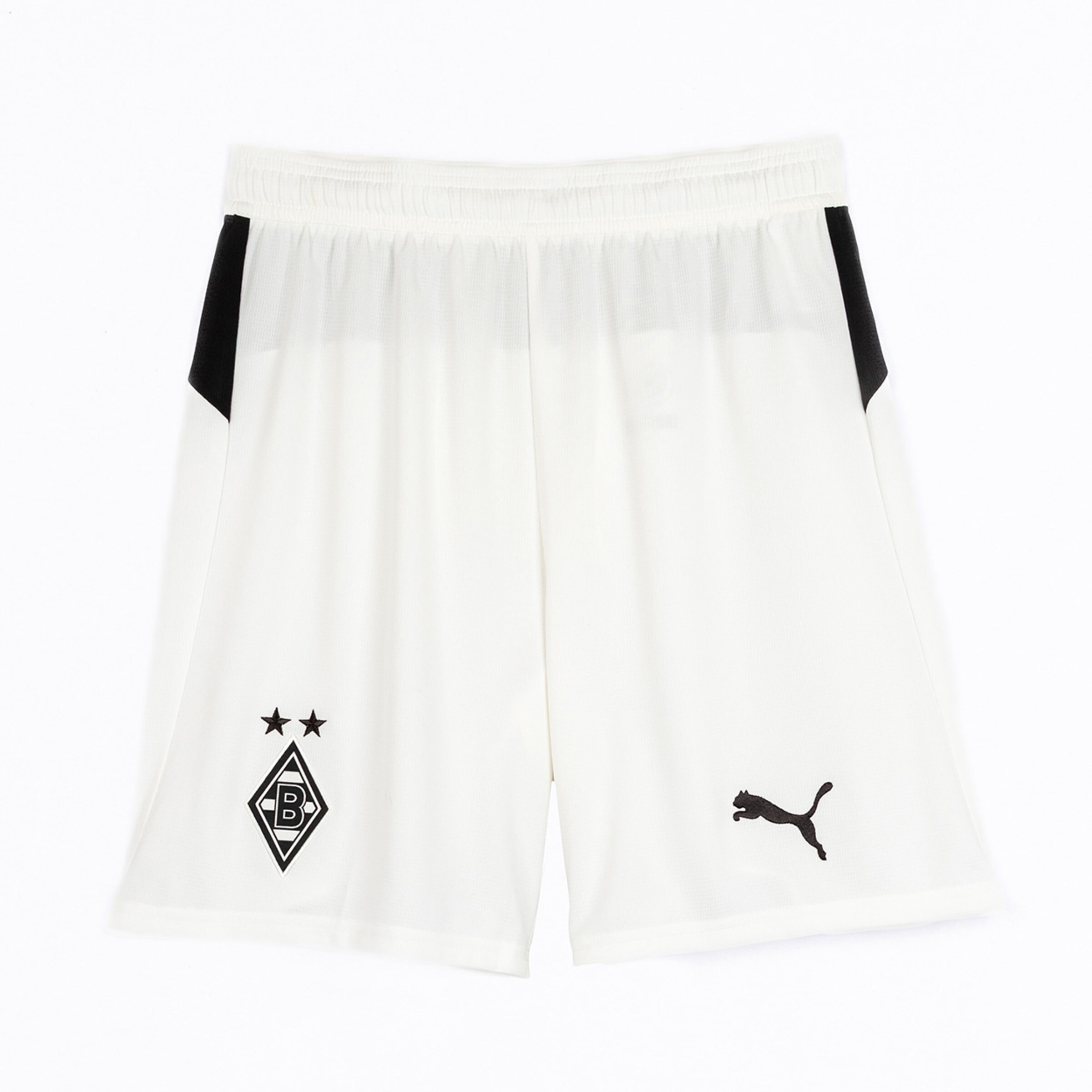 White soccer shorts from Borussia Mönchengladbach featuring a Puma logo and two stars.