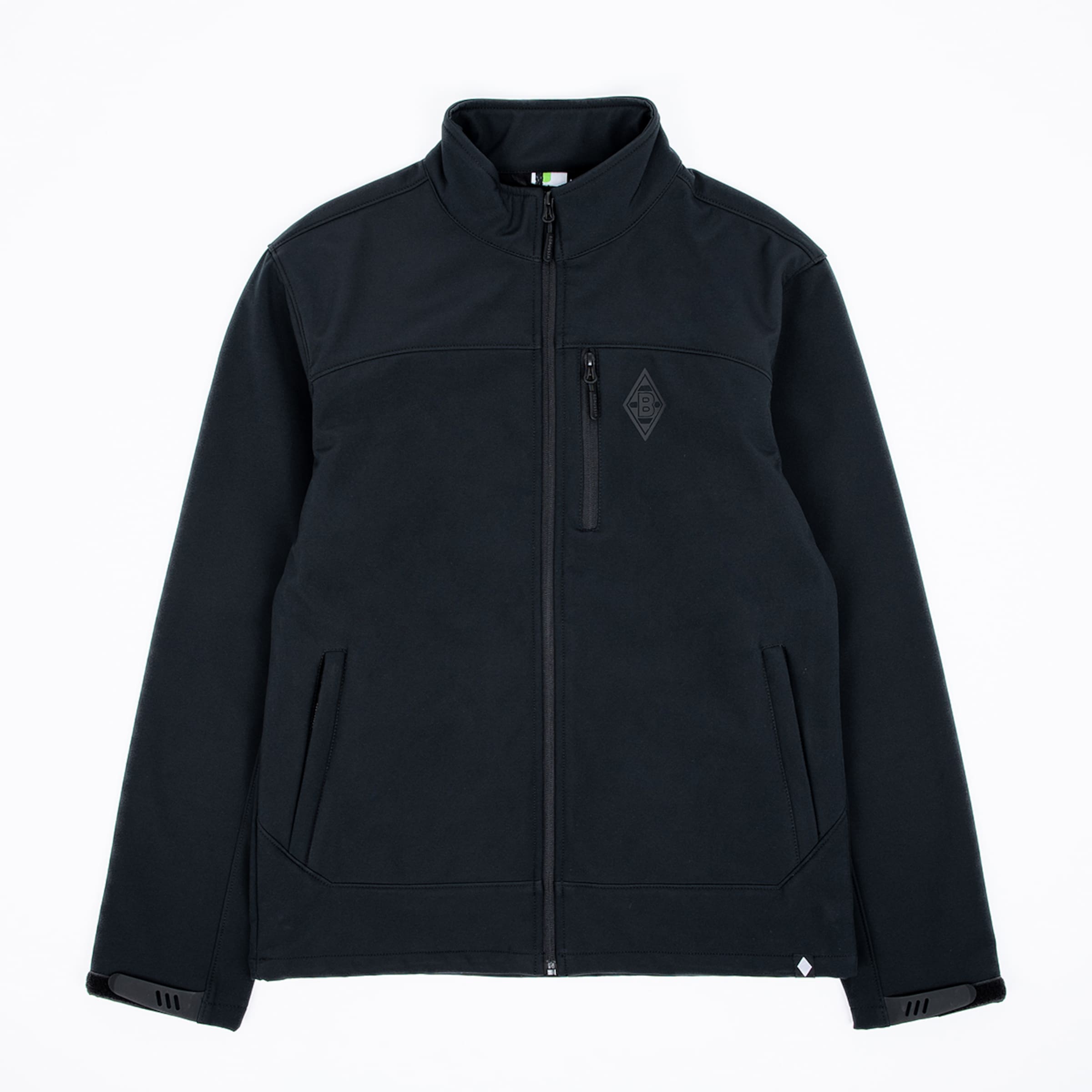 Schwarze Borussia Mönchengladbach Softshelljacke mit tonalem Logo auf der Brust, Reißverschlusstaschen und Stehkragen.