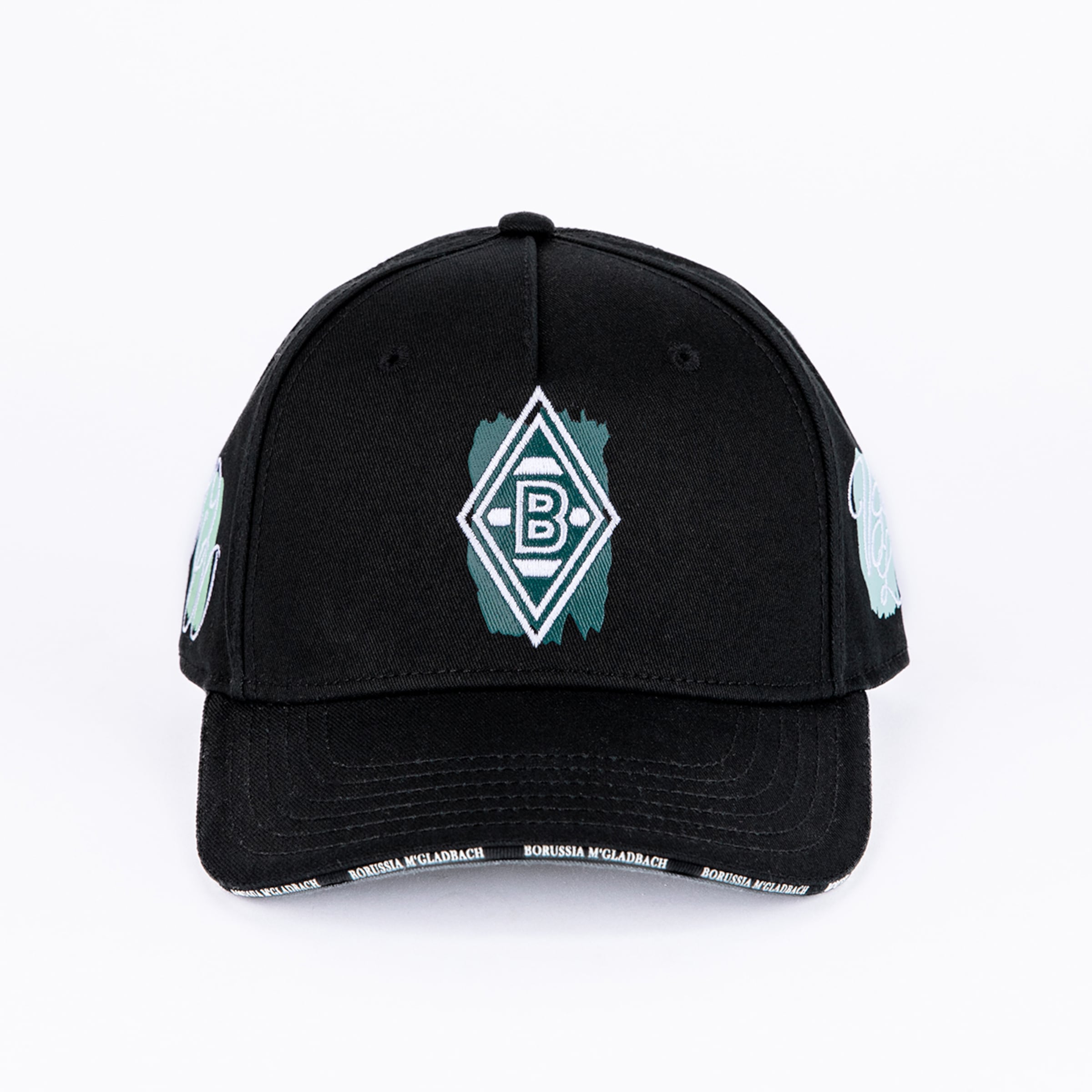 Schwarze Borussia Mönchengladbach Cap mit dem Rauten-Vereinslogo auf der Front und Vereinsnamen am Rand des Schirms.