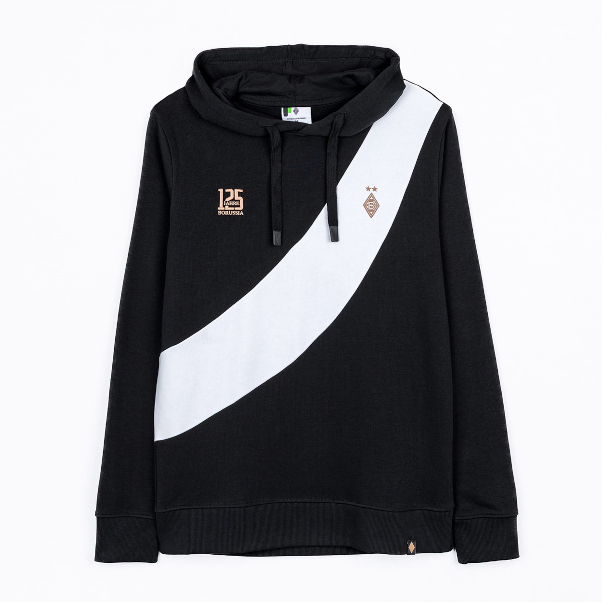 Schwarzer Hoodie mit weißer Diagonalschärpe, goldenem „125 Jahre Borussia“-Schriftzug und Gladbach-Raute auf der Brust.