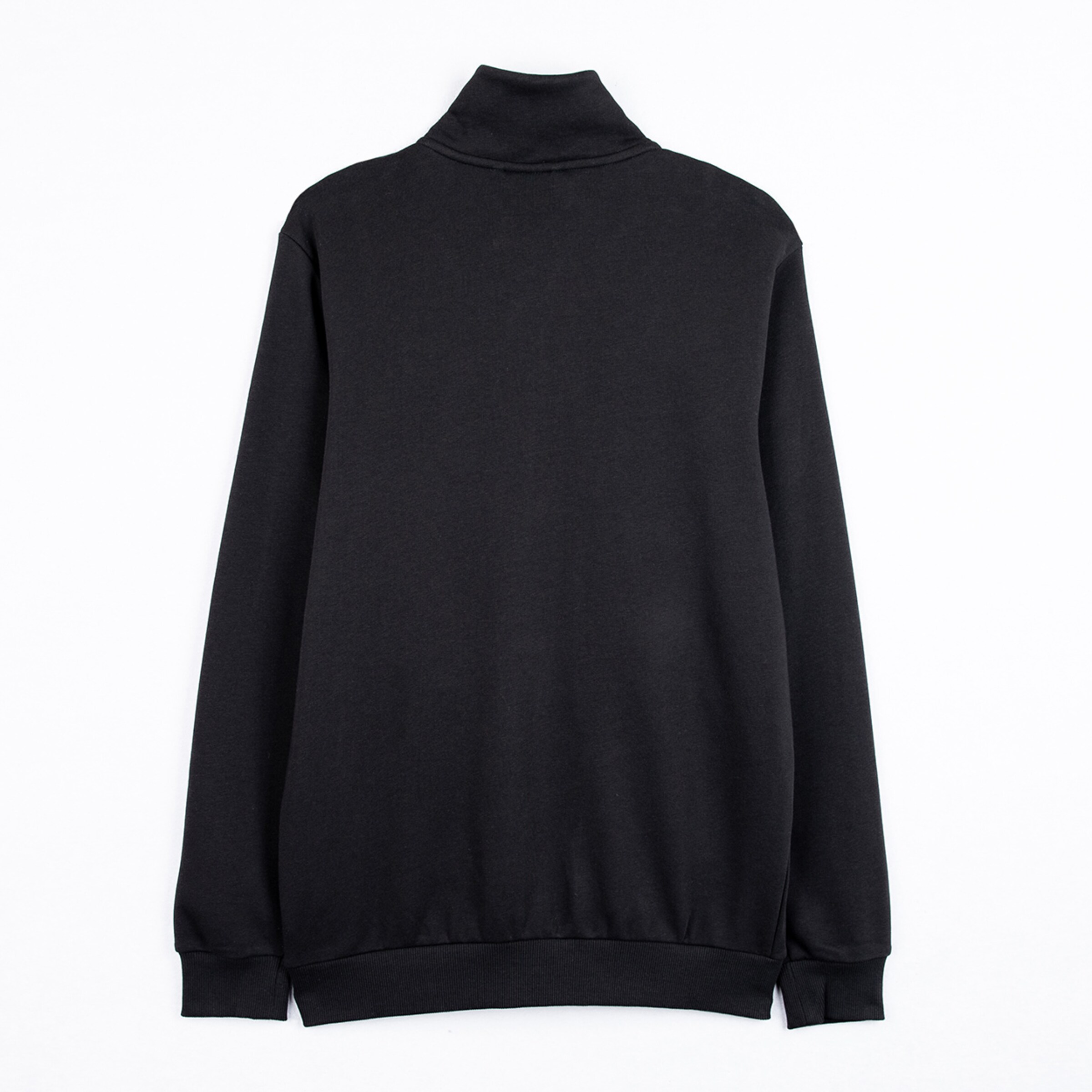 Black long-sleeve sweatshirt with a high collar and elastic cuffs