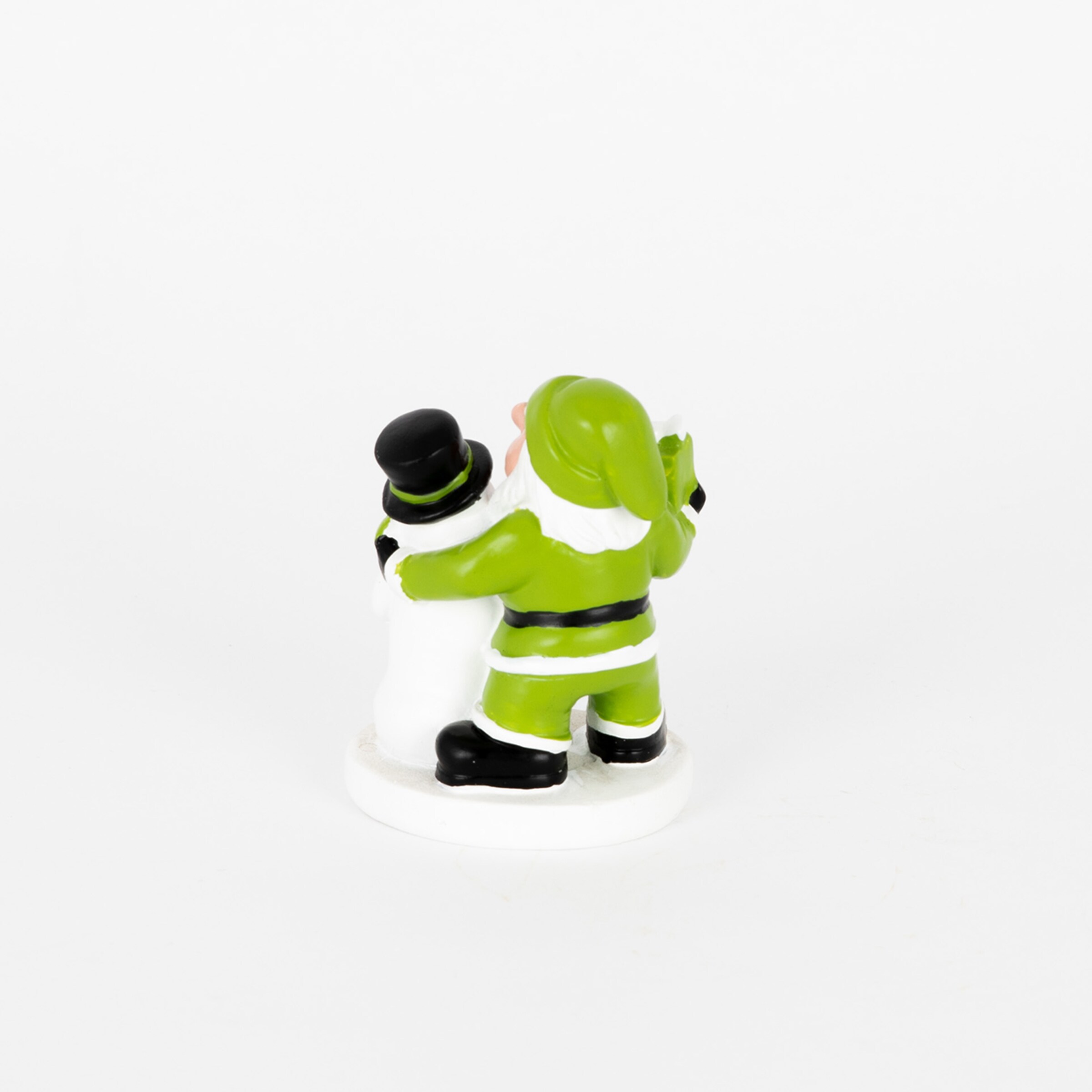 Eine grüne Figur die einen Schneemann umarmt von hinten betrachtet.