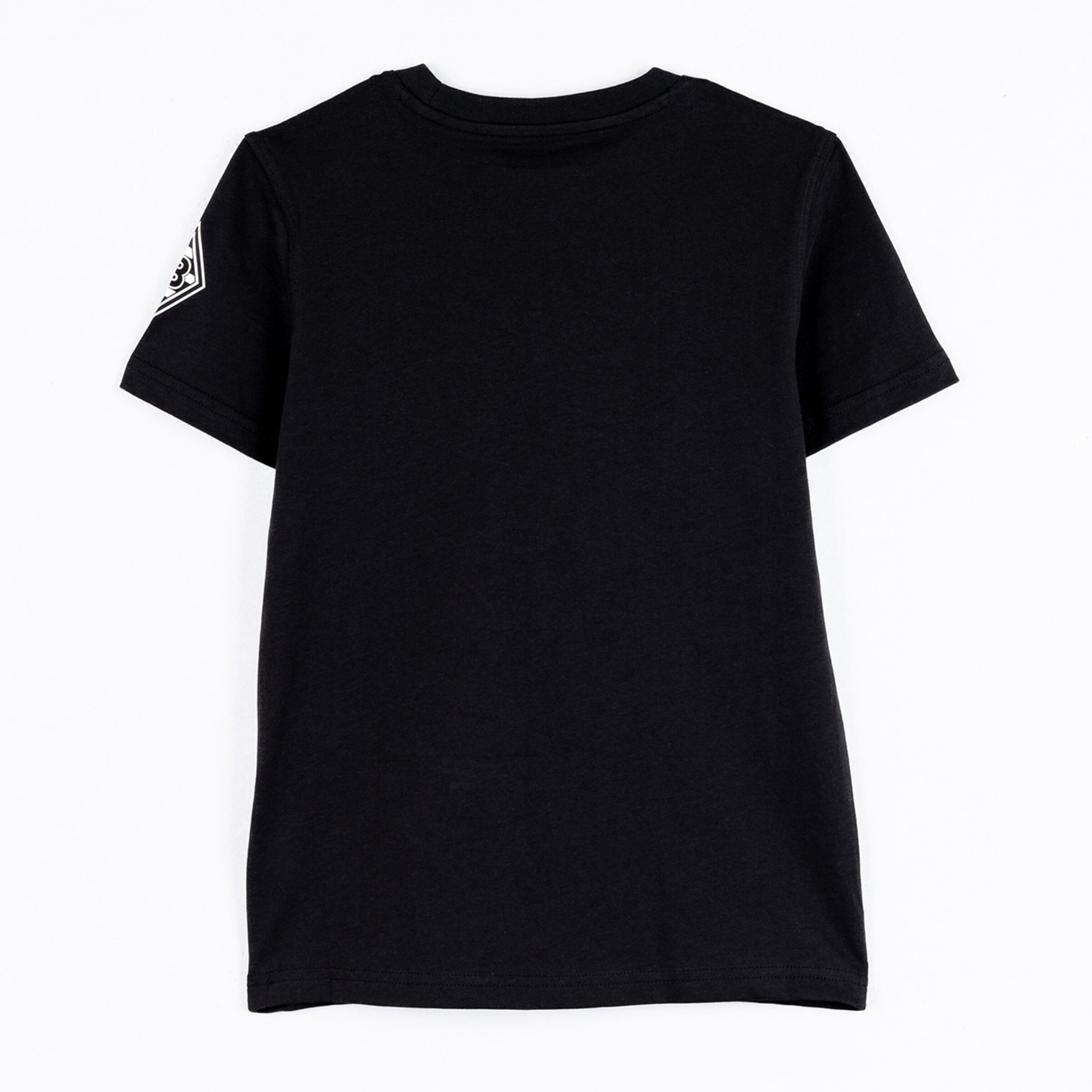 Black short-sleeve t-shirt with a logo on the sleeve.