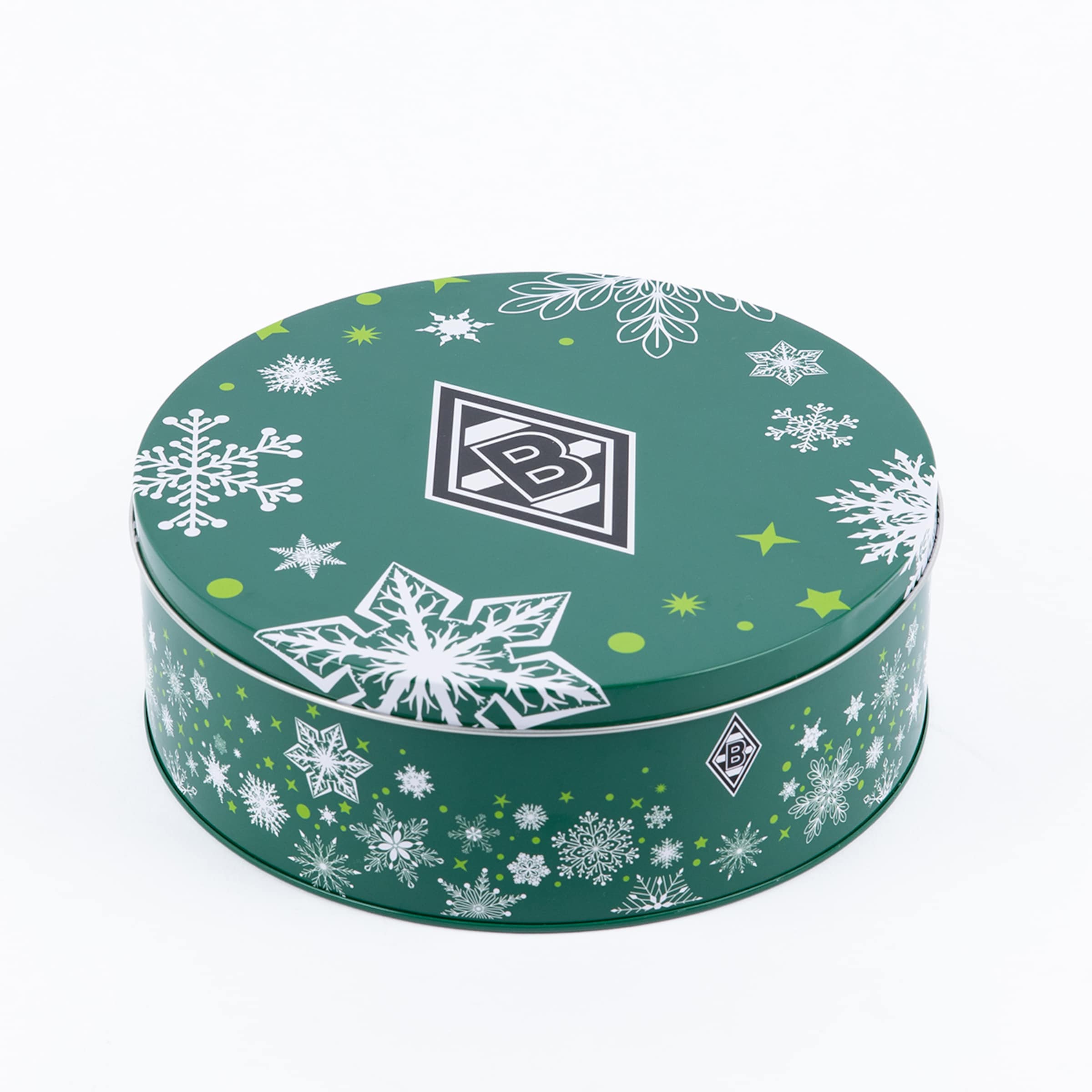 Runde grüne Metalldose mit Schnee- und Sternenmotiv sowie Borussia Mönchengladbach-Logo.