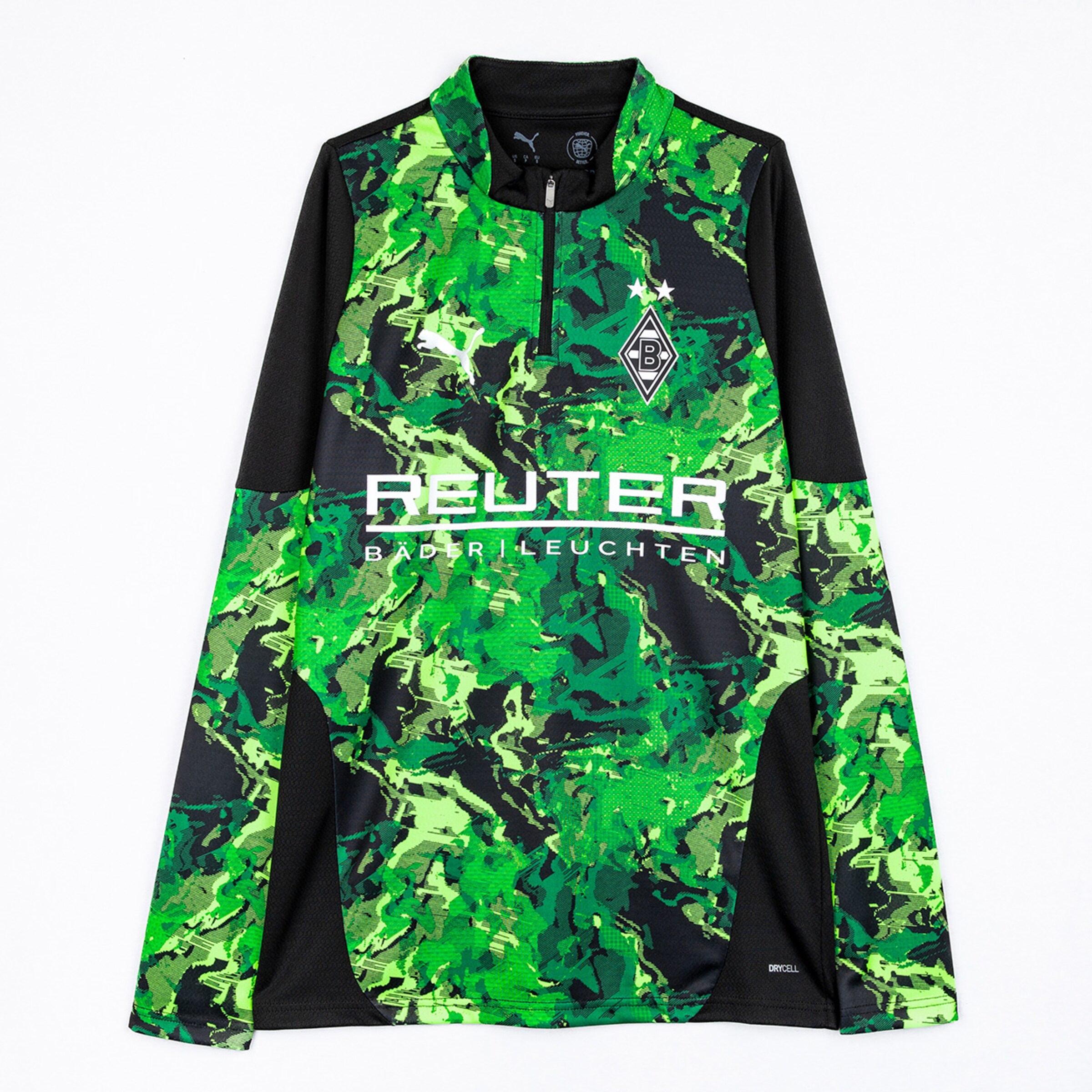 Langärmliges Trikot von Borussia Mönchengladbach mit grünem Camouflage-Muster und Reuter-Logo.
