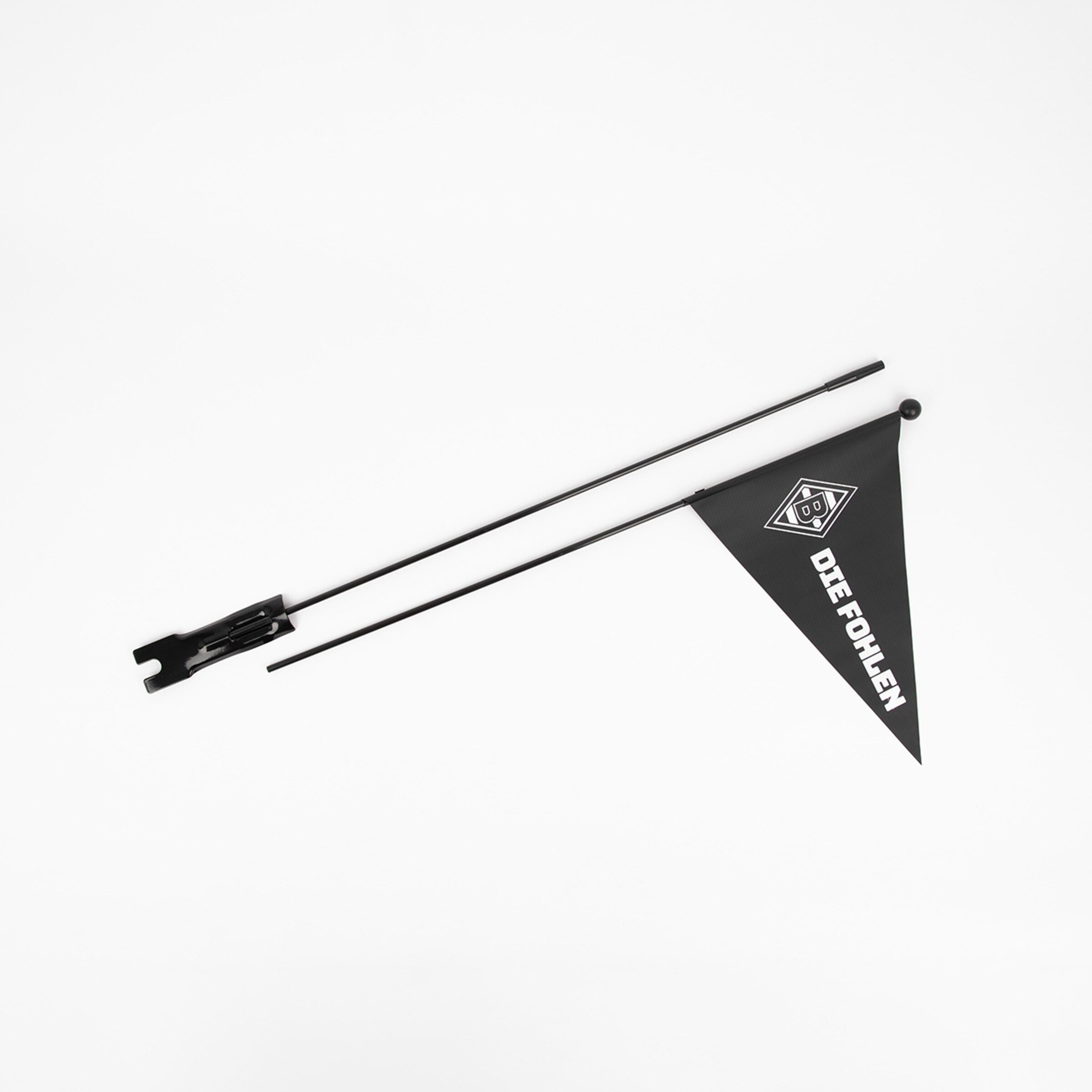 Black triangular flag with Borussia Mönchengladbach logo and the text Die Fohlen