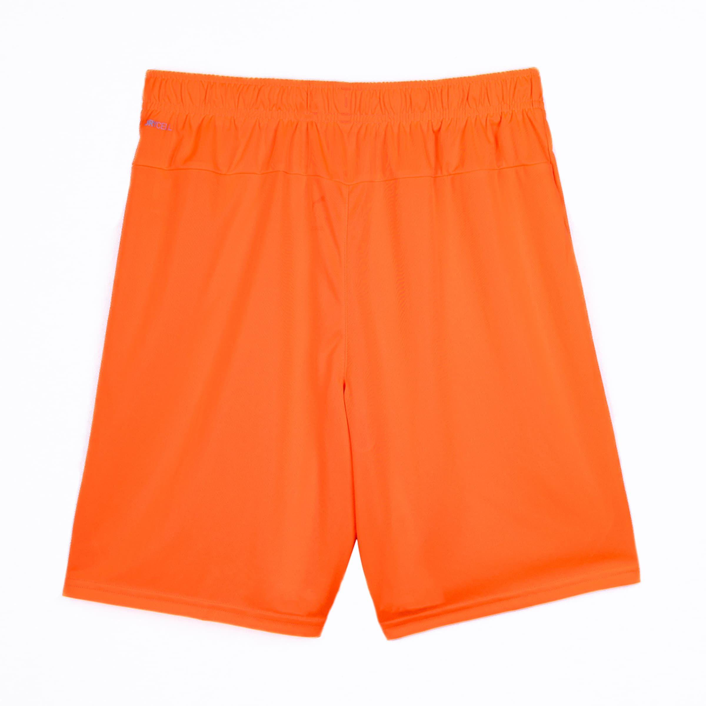 Leuchtend orangefarbene Sportshorts mit Gummibund und einem blauen „DRYCELL“-Logo oben links. Die Shorts aus glattem Funktionsstoff liegen flach auf weißem Hintergrund.
