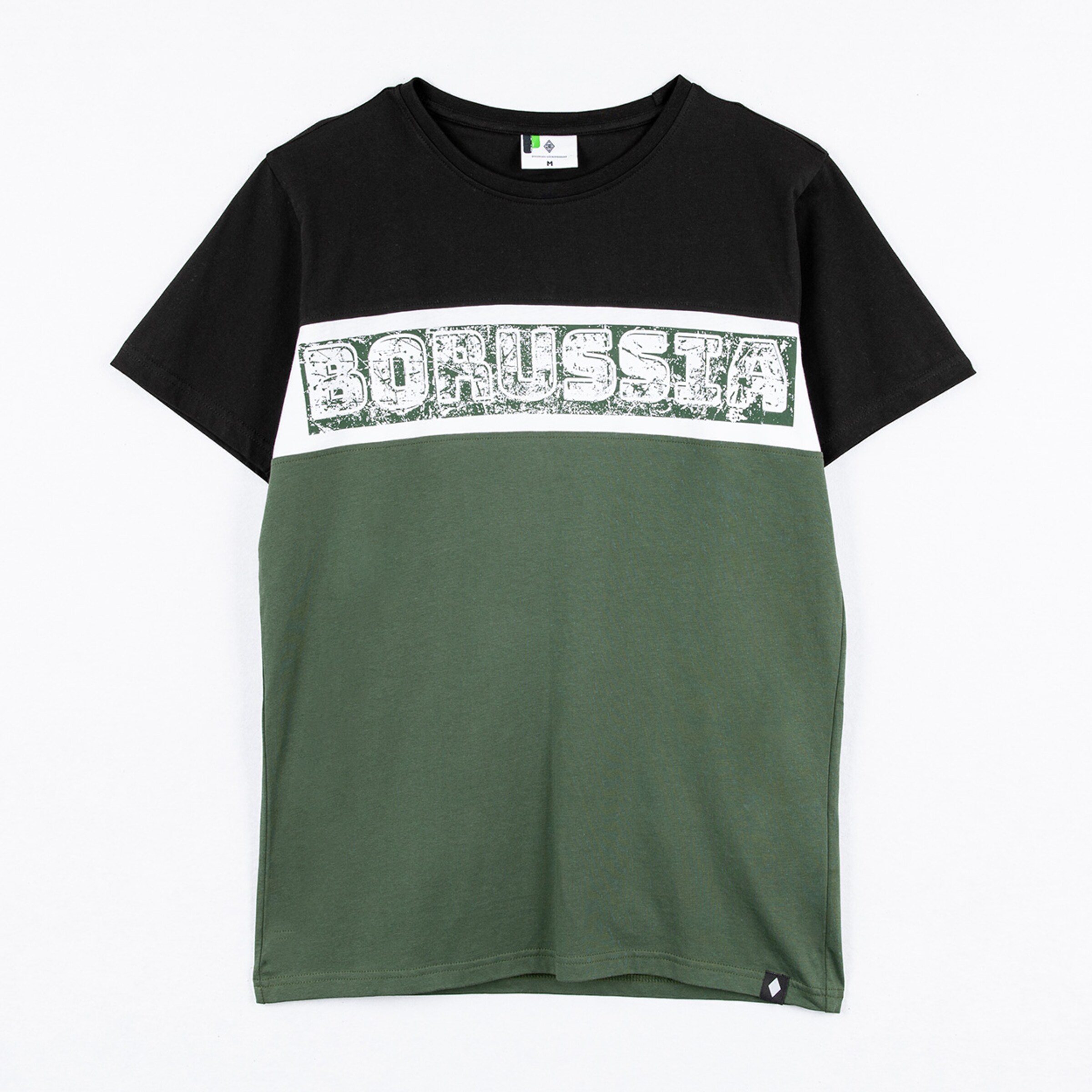 Schwarz-grünes T-Shirt mit weißem Bruststreifen und dem Schriftzug 'BORUSSIA' im Vintage-Look.