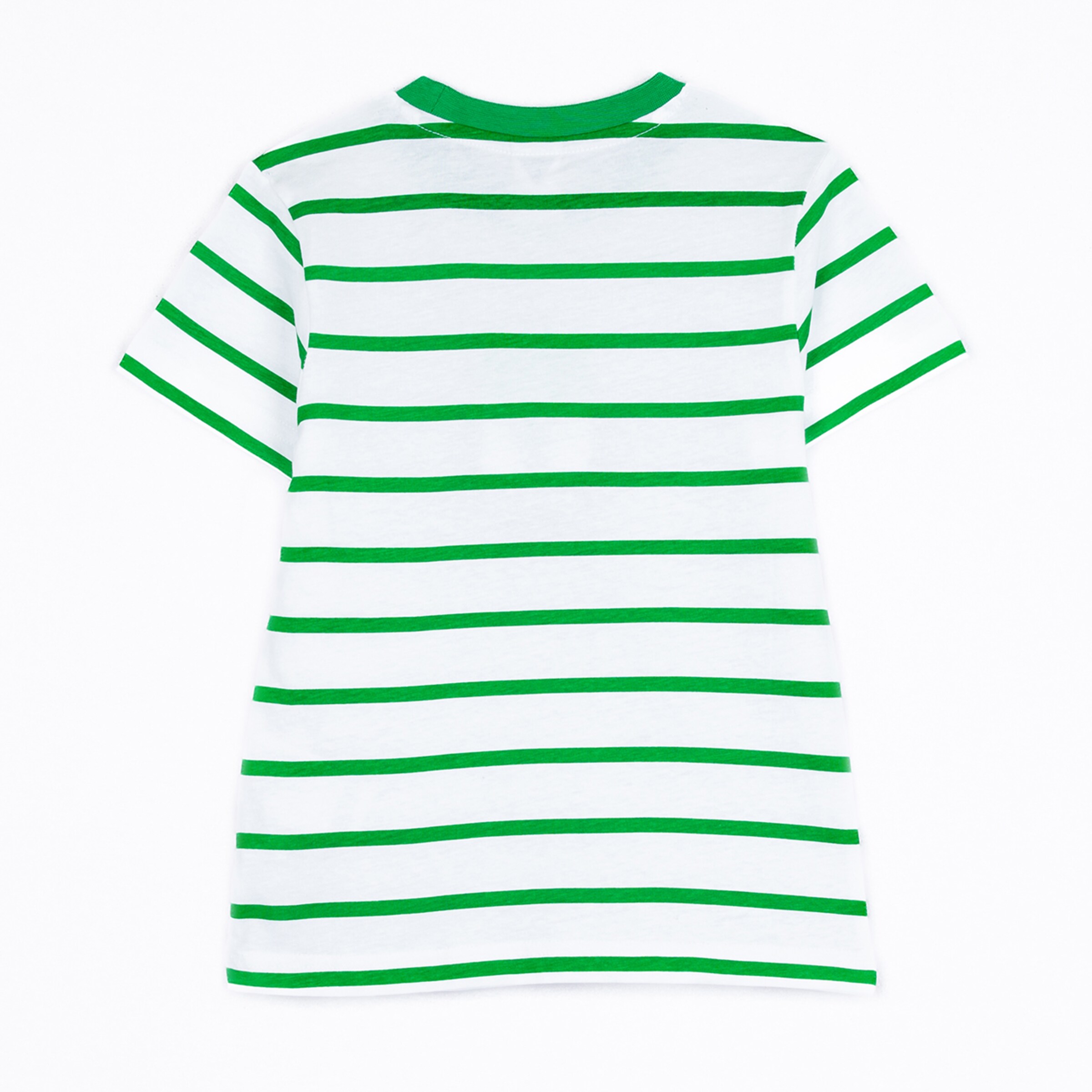 Childrens t-shirt with horizontal green stripes on a white background.