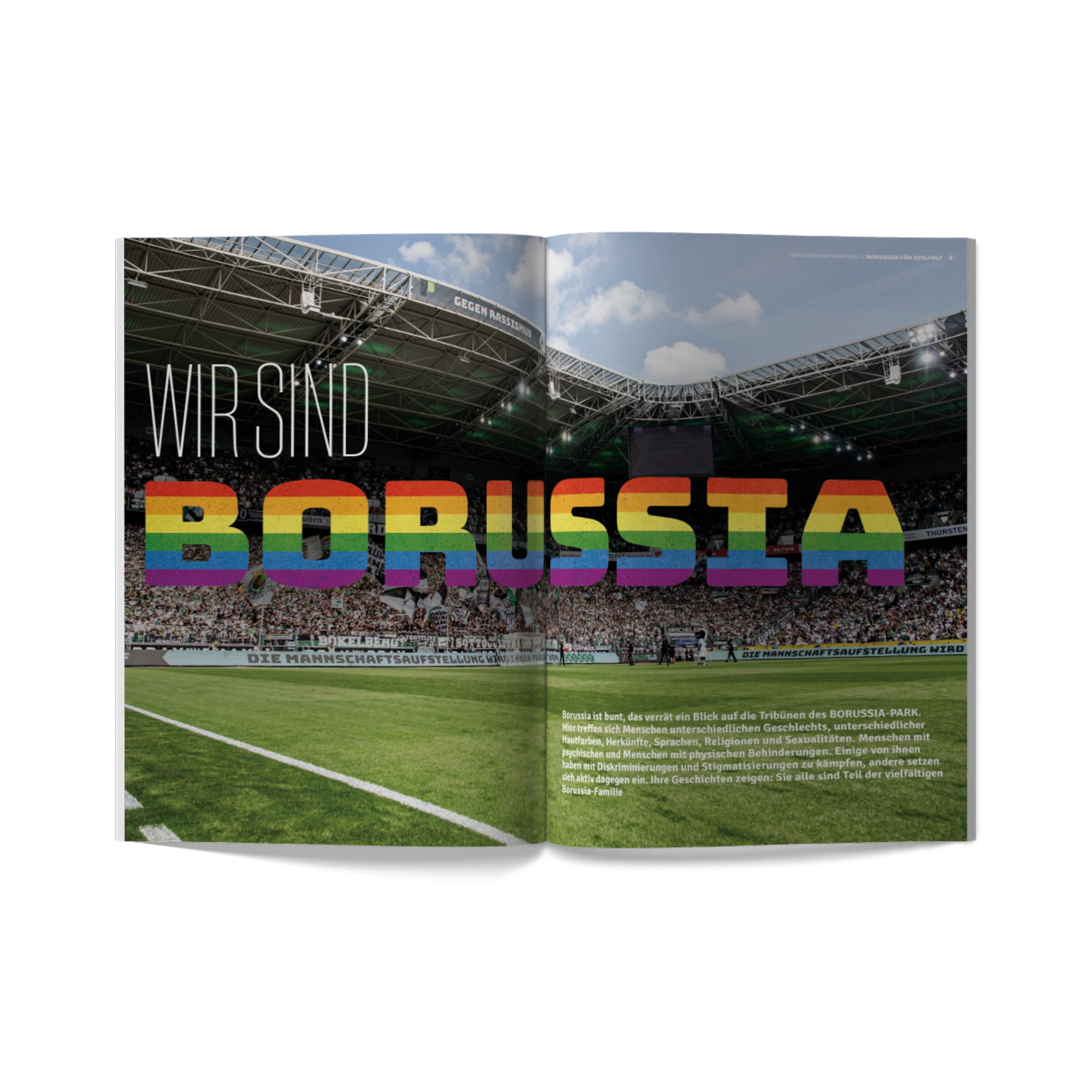 Open stadium brochure from Borussia Mönchengladbach with the text WIR SIND BORUSSIA in rainbow colors.