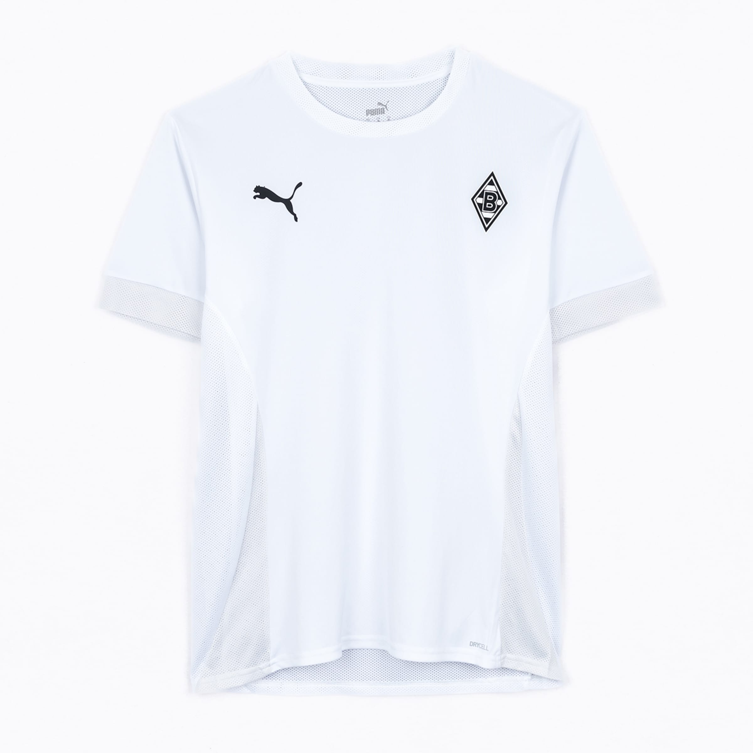 White Puma sports t-shirt with black Puma logo and Borussia Mönchengladbach crest. Breathable mesh panels on the sides.