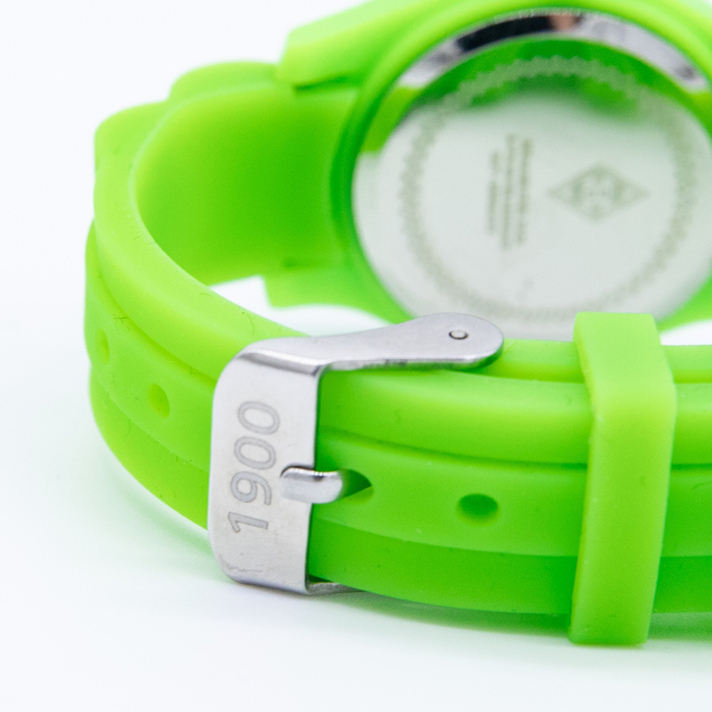 Grüner Silikonarmband mit einer Edelstahl-Schließe Rückseite nicht sichtbar.
