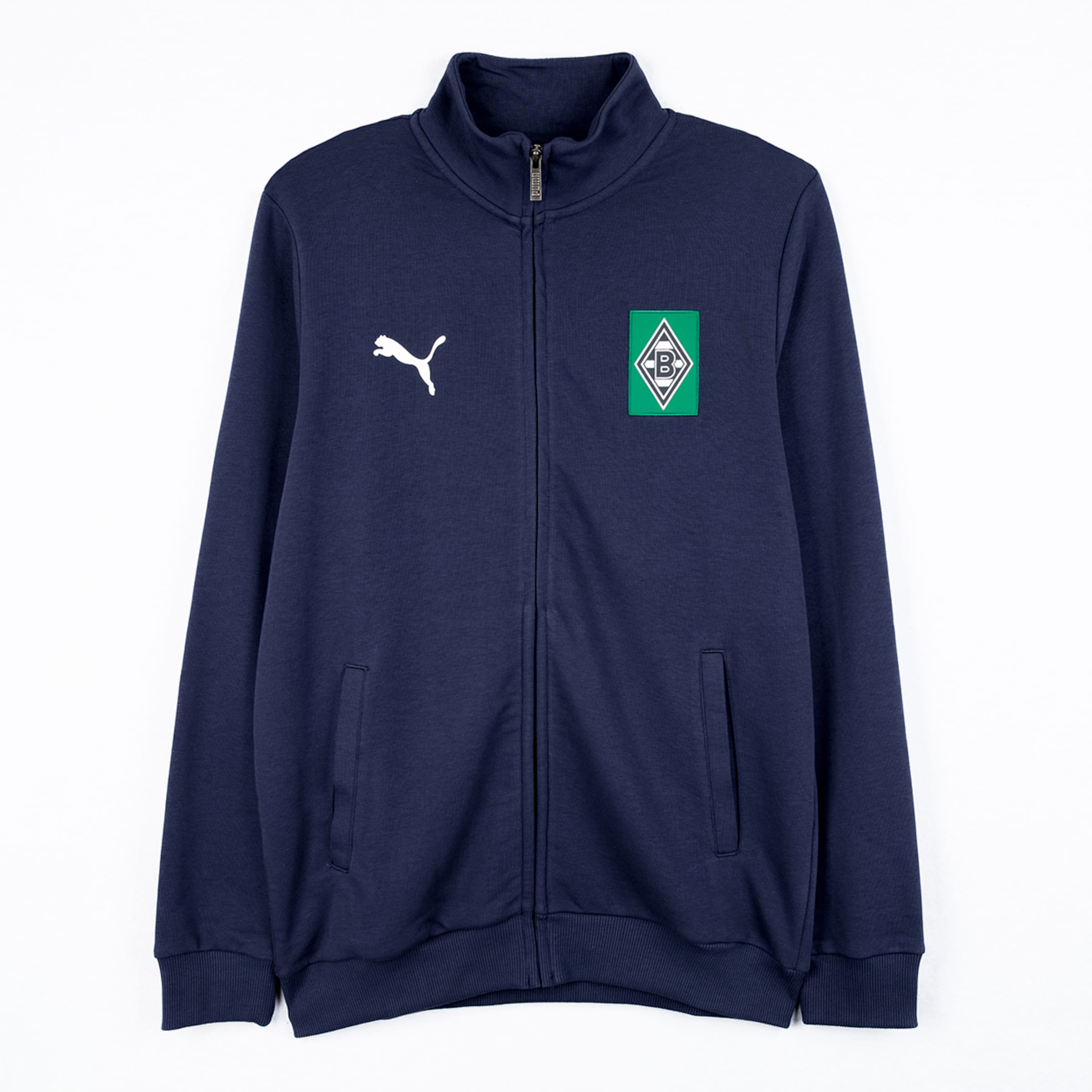 Dunkelblaue Trainingsjacke von Puma mit Logo von Borussia Mönchengladbach.