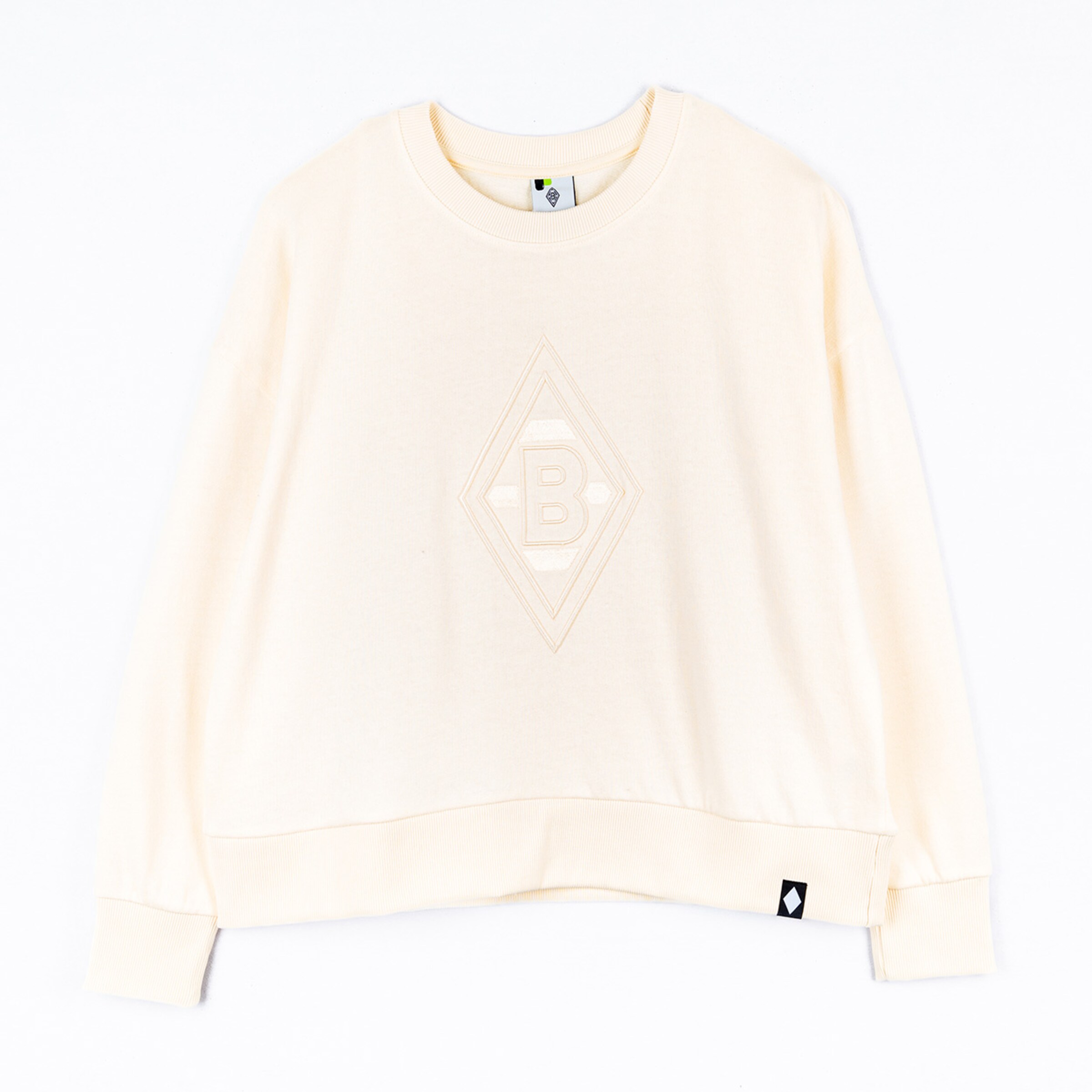 Cremefarbenes Sweatshirt mit Rundhalsausschnitt und geprägtem Rauten-Logo mit „B“ auf der Brust.