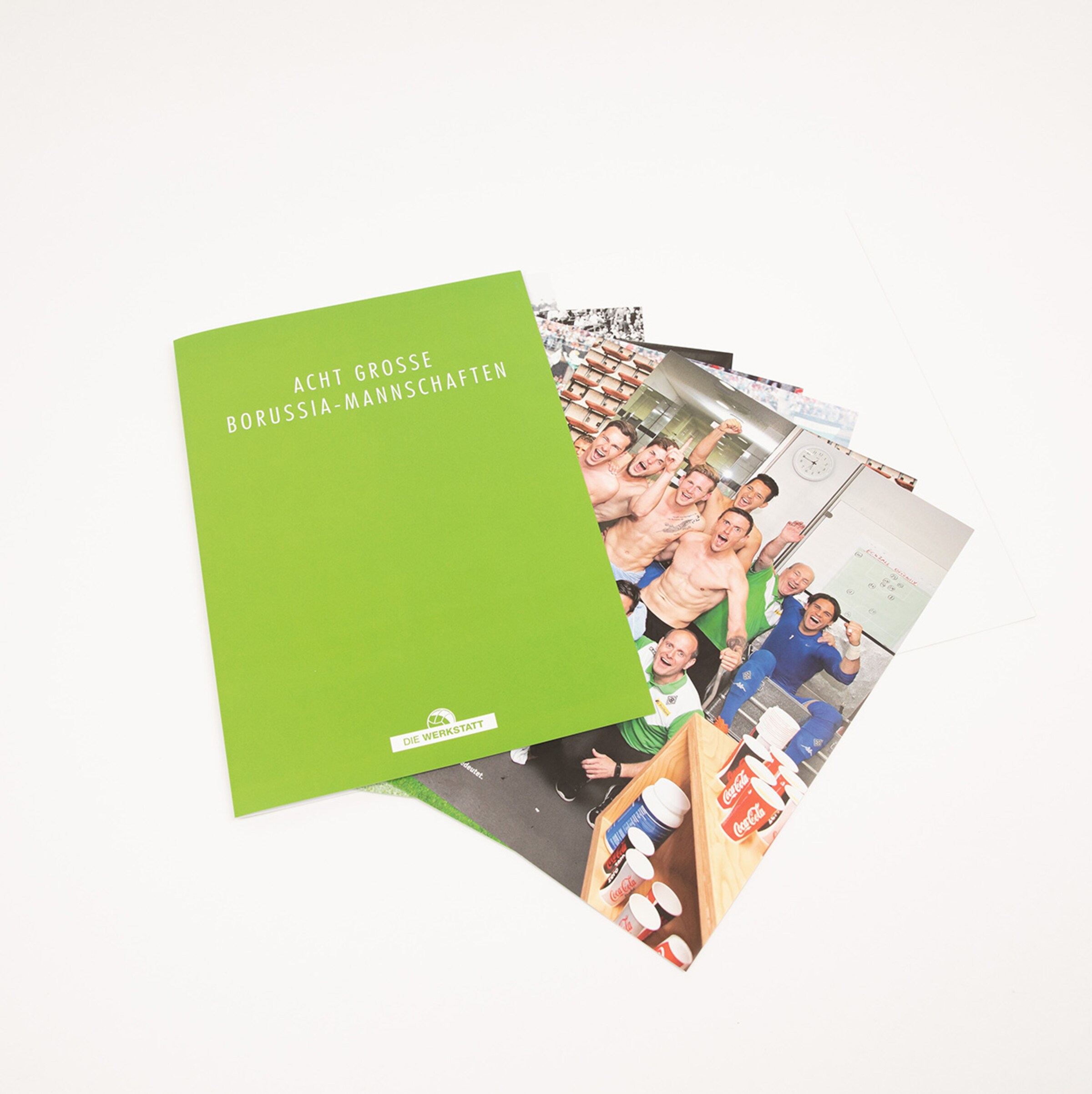 Brochure titled Acht große Borussia-Mannschaften with several photos of players in a locker room.
