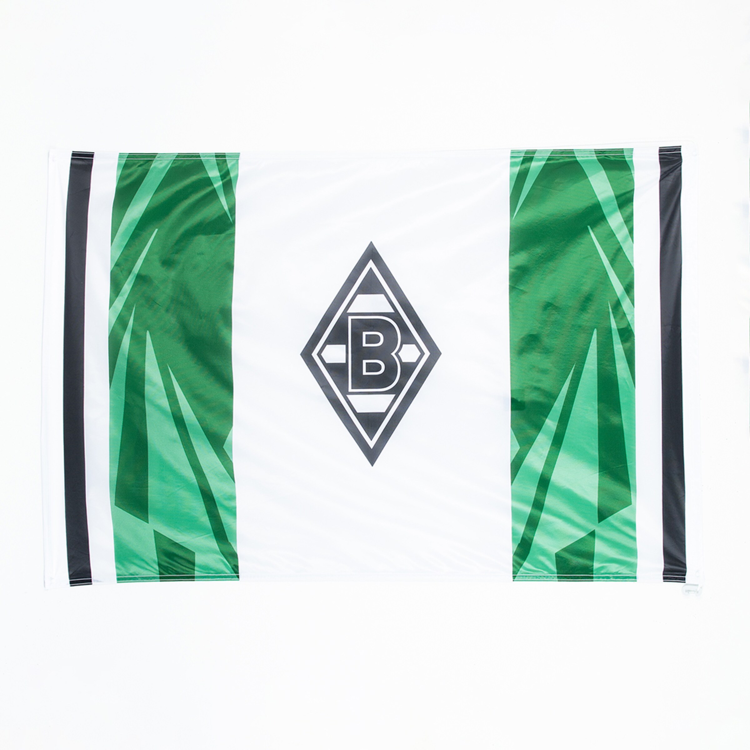 Flagge des Fußballvereins Borussia Mönchengladbach mit dem Logo und grünem Muster.