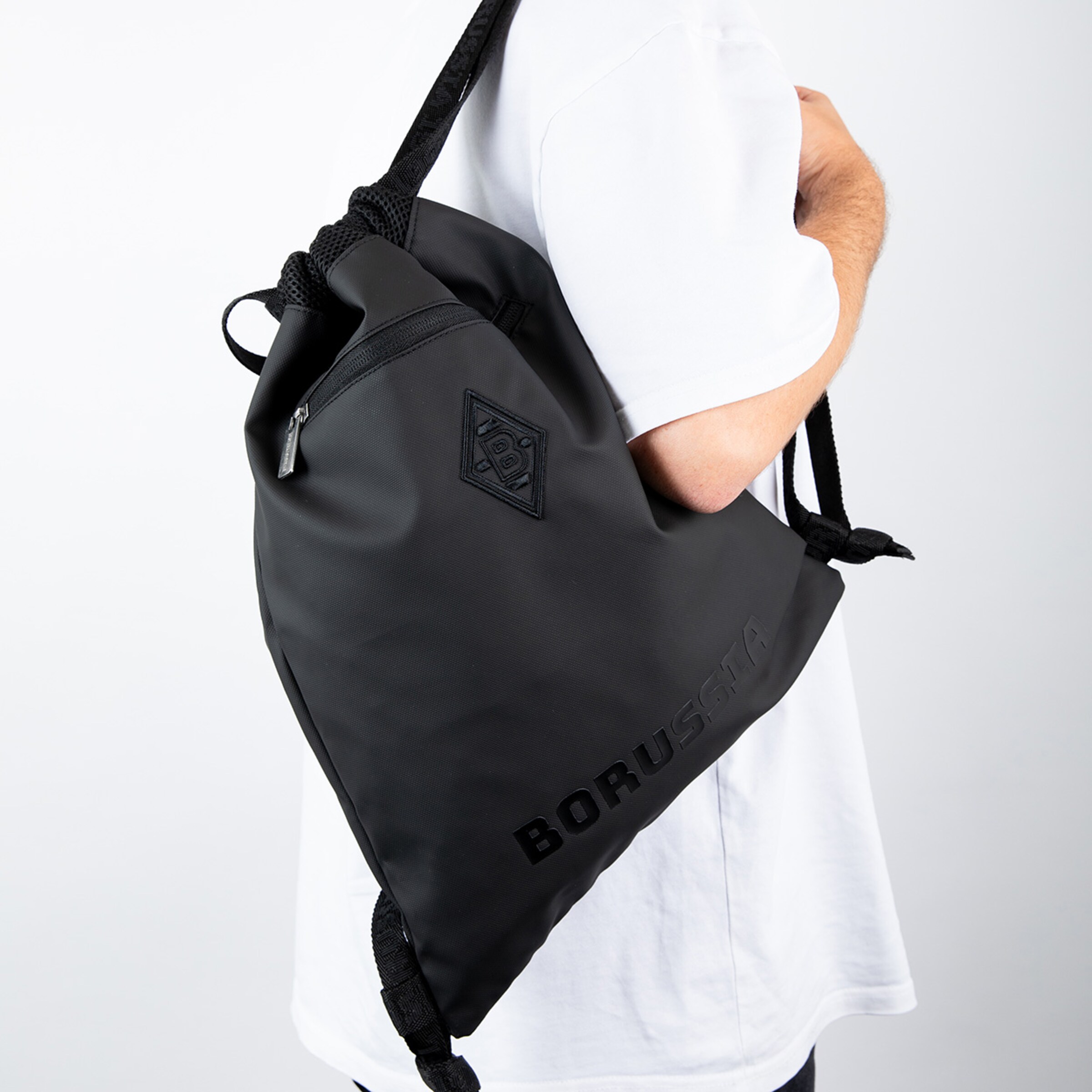 Black drawstring backpack featuring the BORUSSIA logo and lettering.